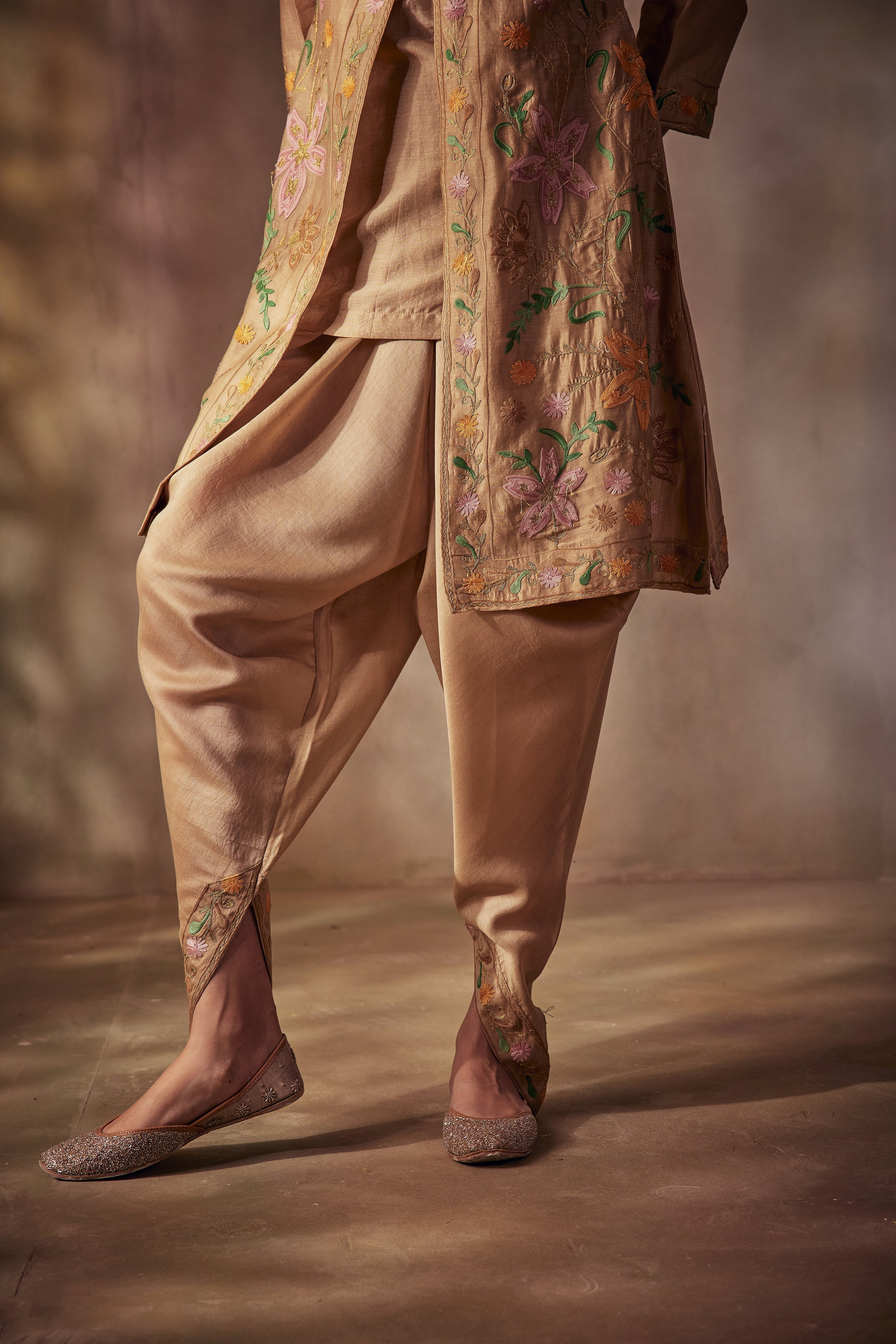 Beige Jacket Dhoti Set