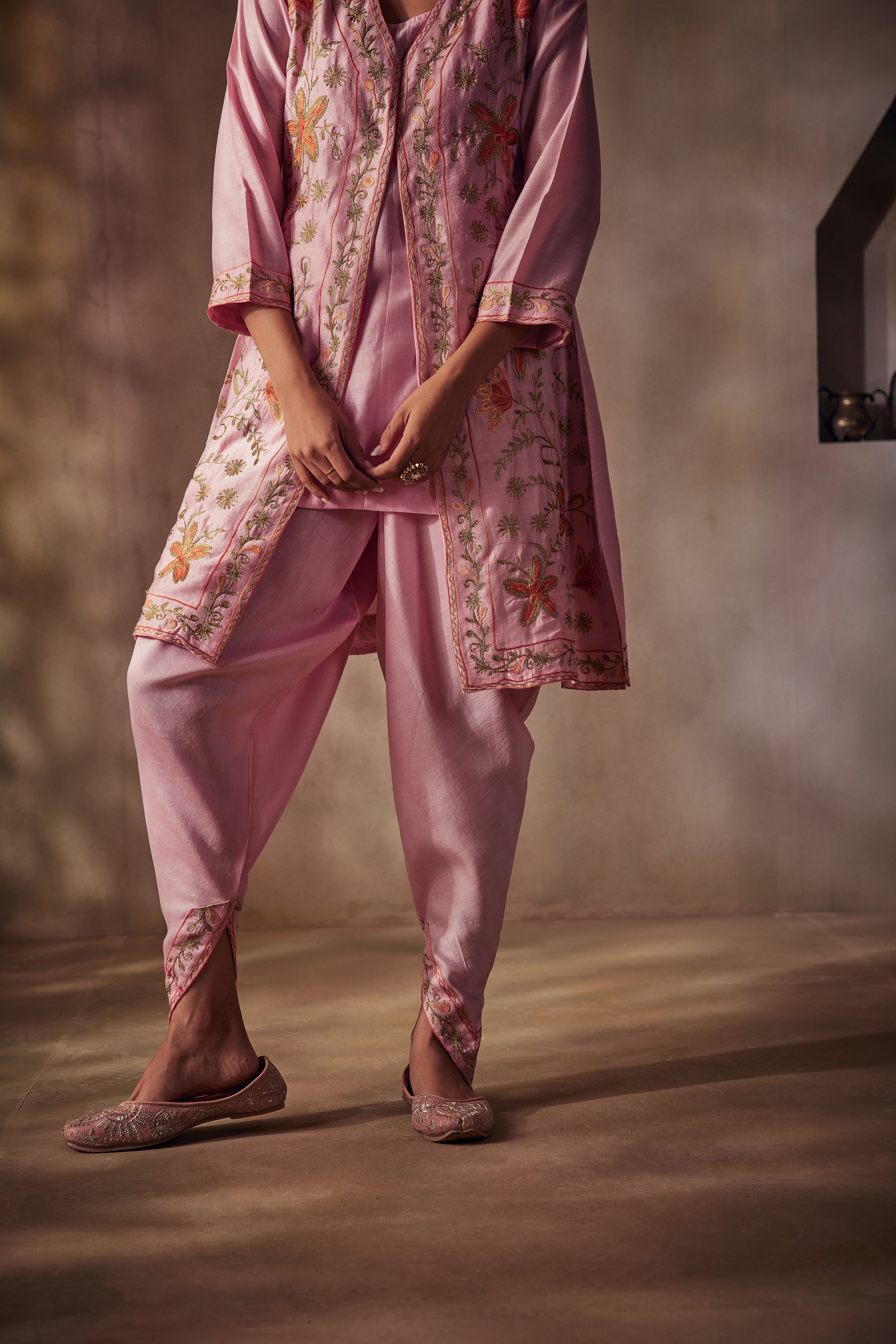 Pink Jacket Dhoti Set