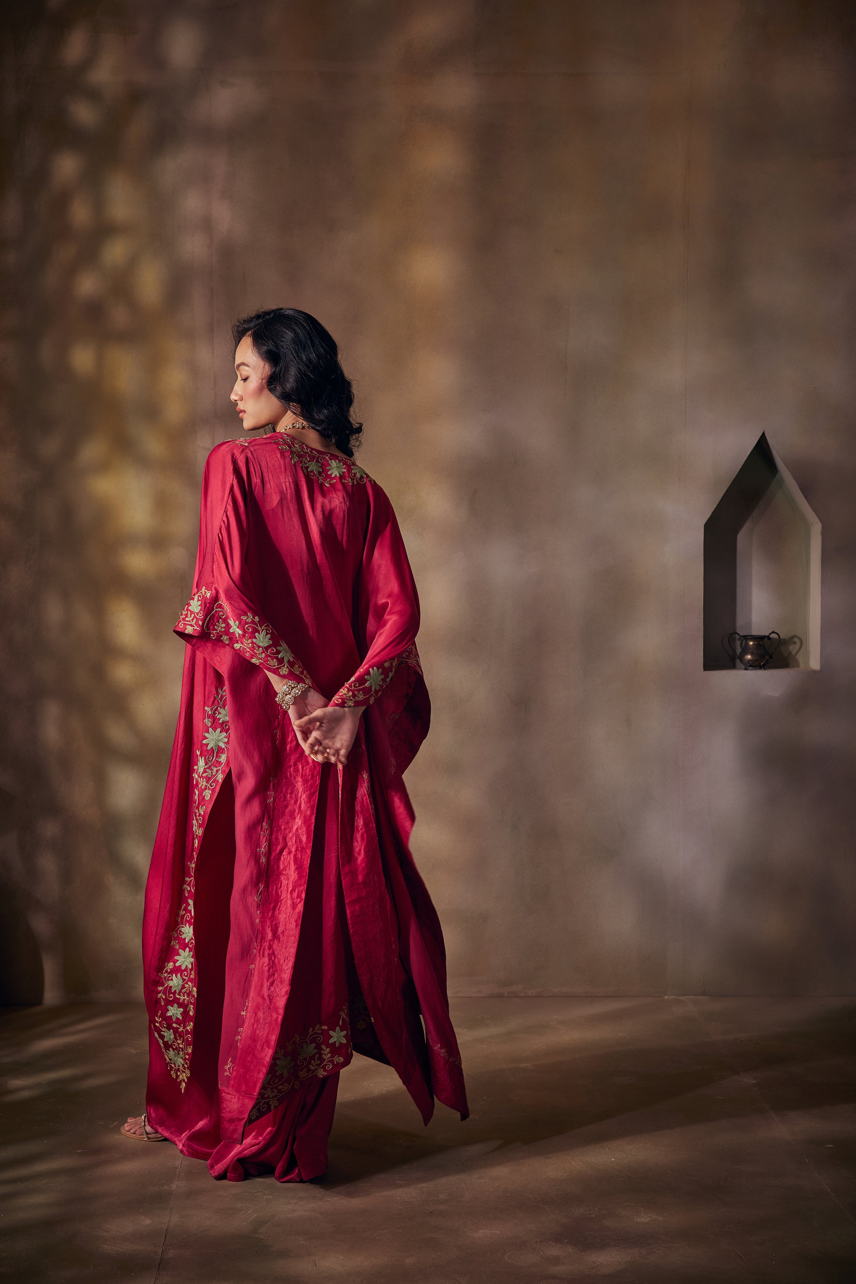 Cherry Red Gold & Aari Cape Set