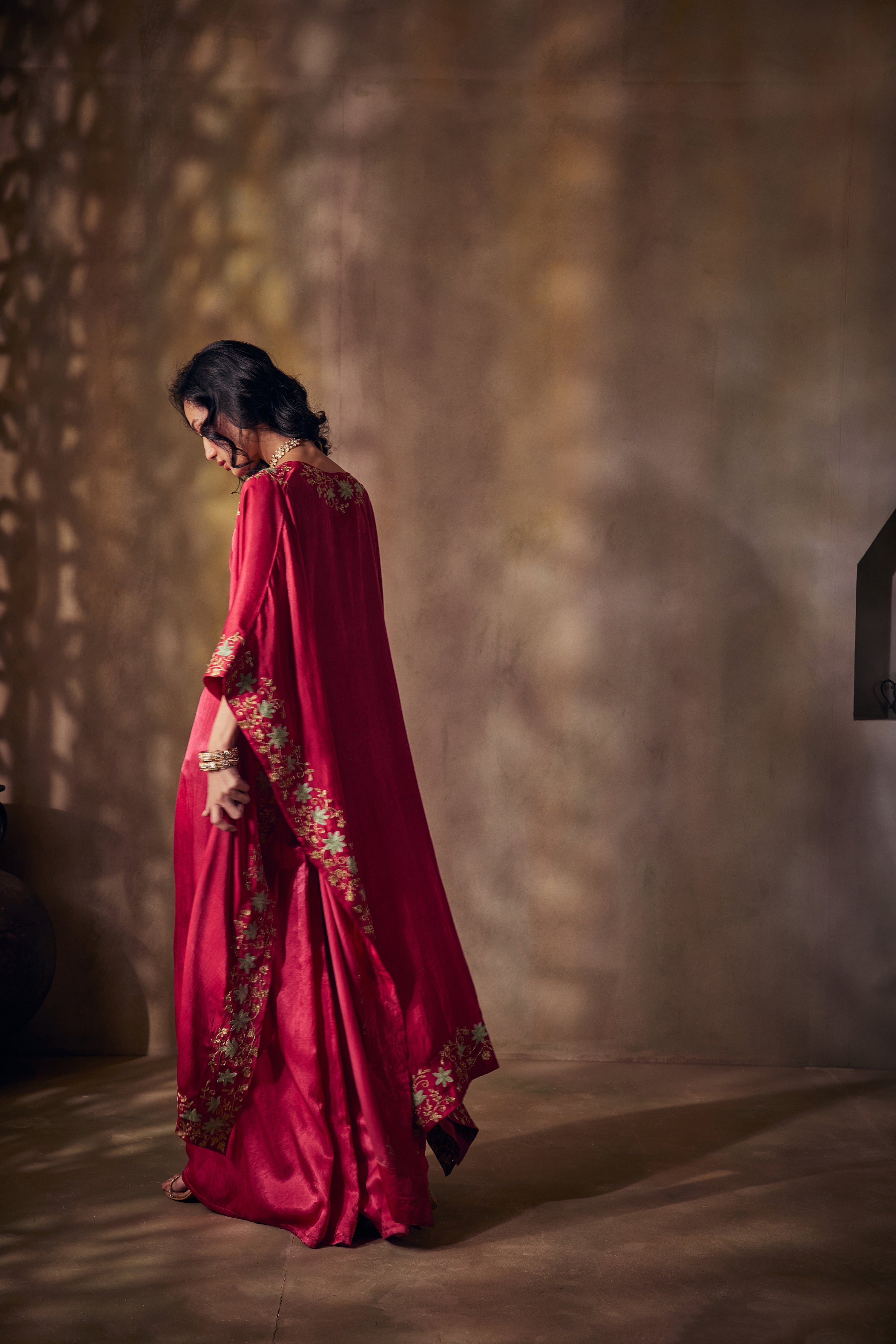 Cherry Red Gold & Aari Cape Set