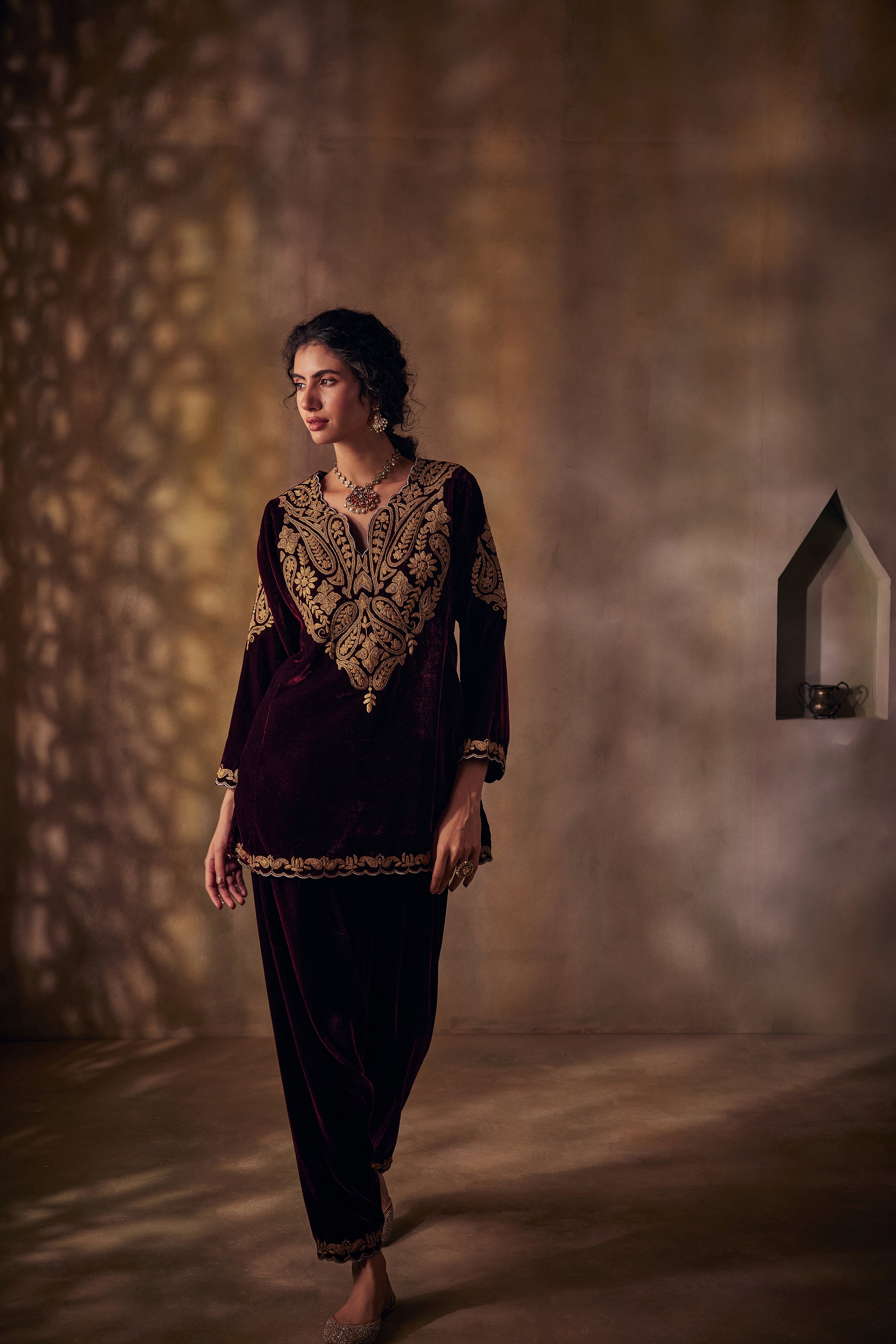 Royal Burgundy Silk Velvet Tilla Salwar Set