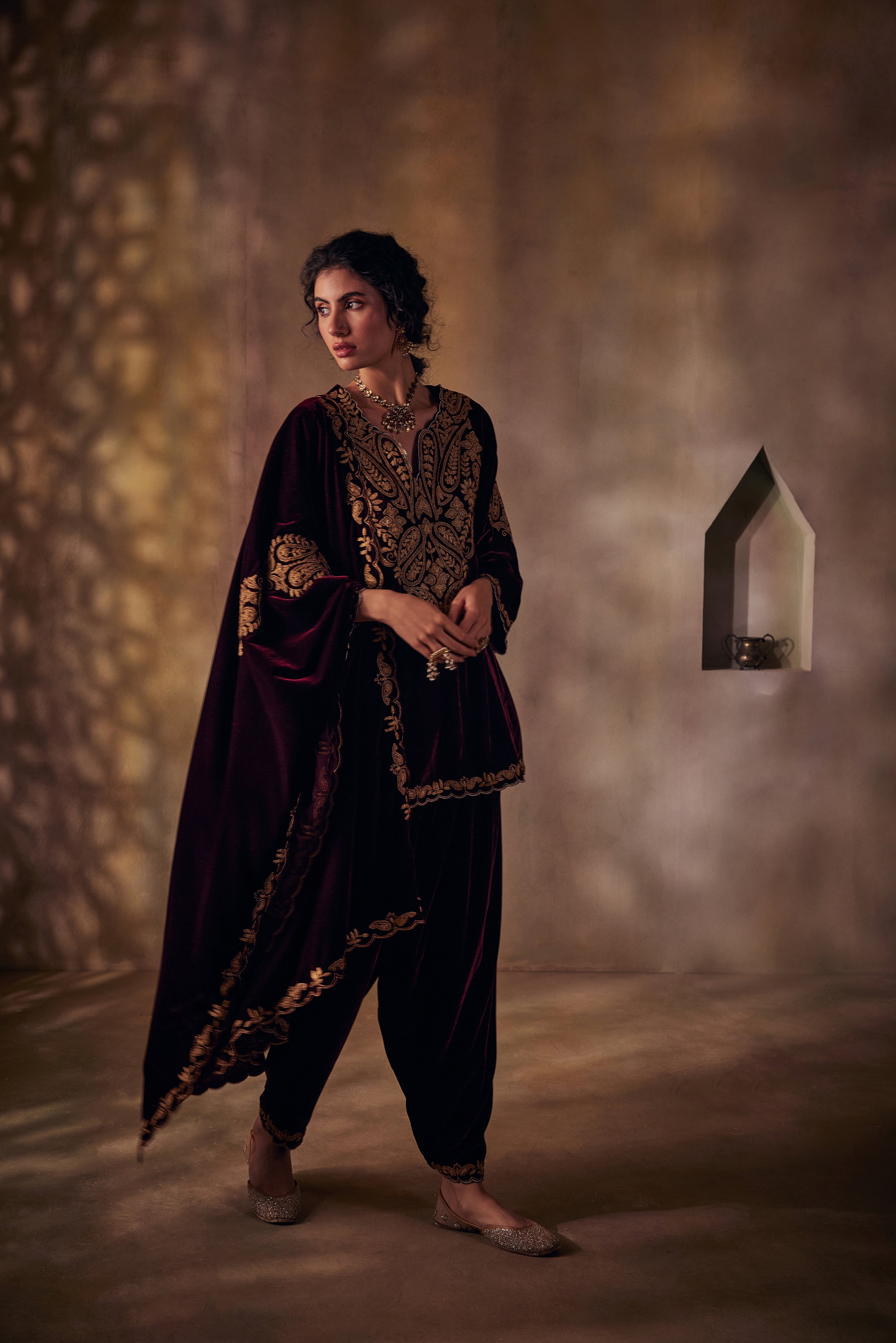 Royal Burgundy Silk Velvet Tilla Salwar Set