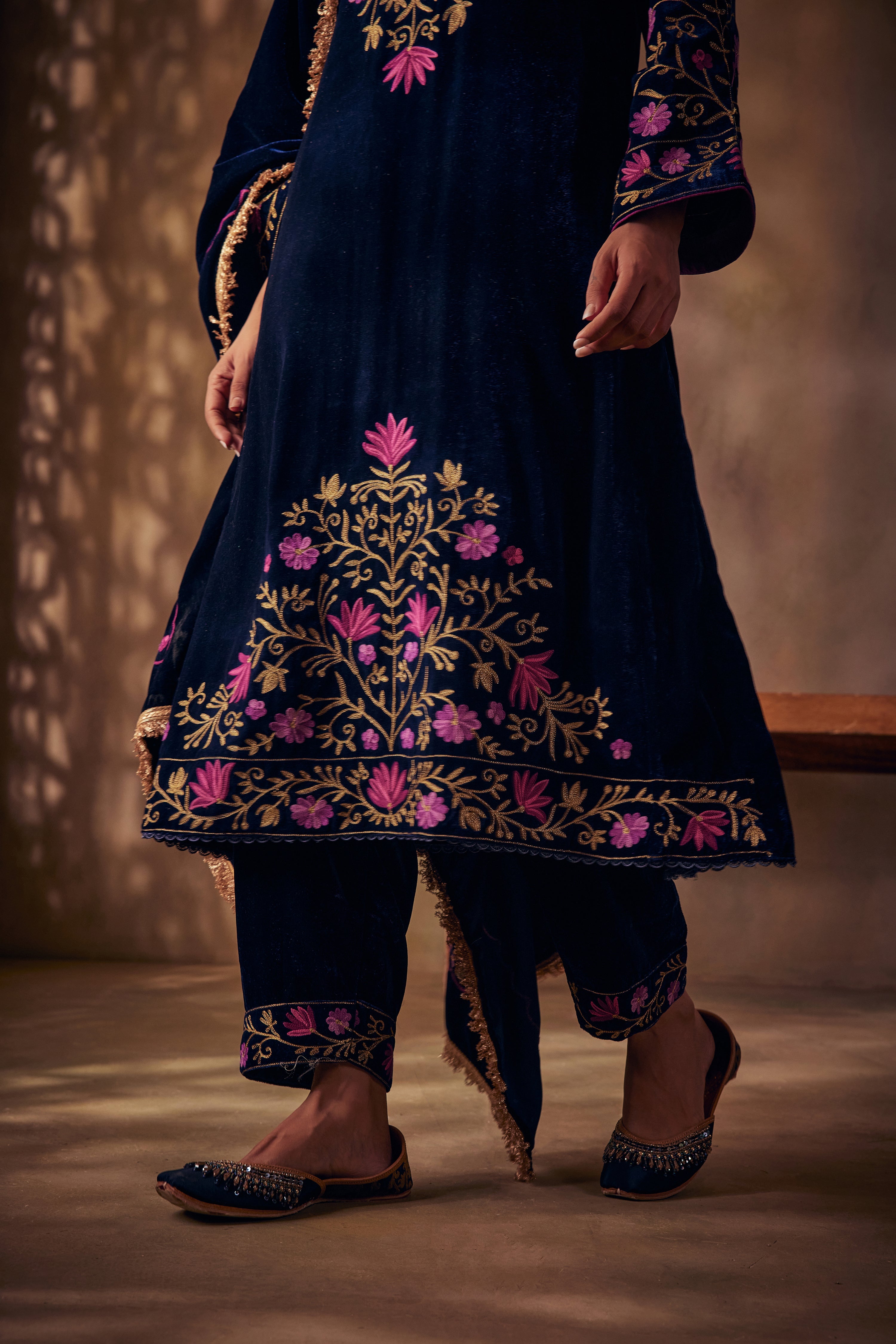 Midnight Blue Gold & Aari Silk Velvet Kurta Set