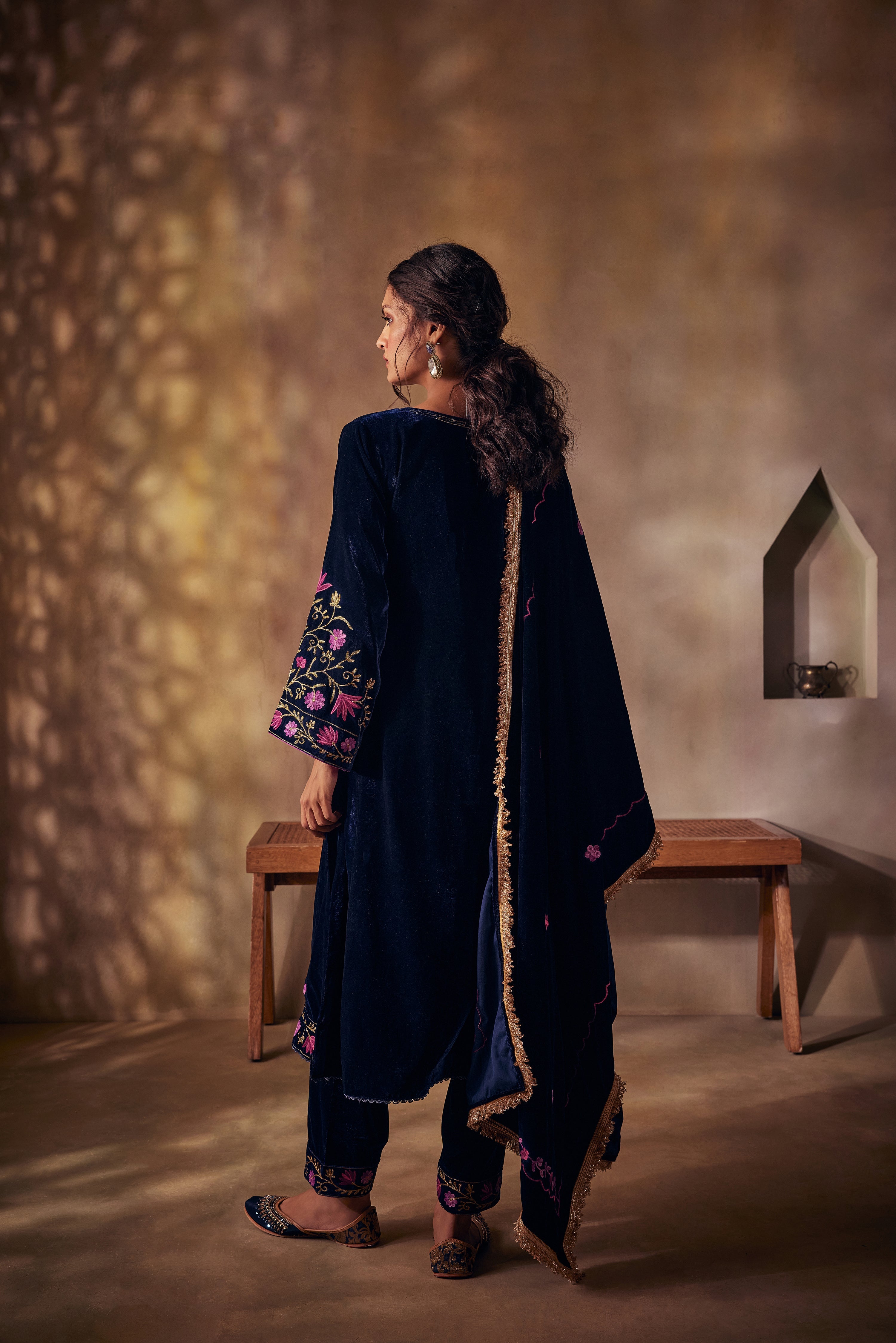 Midnight Blue Gold & Aari Silk Velvet Kurta Set