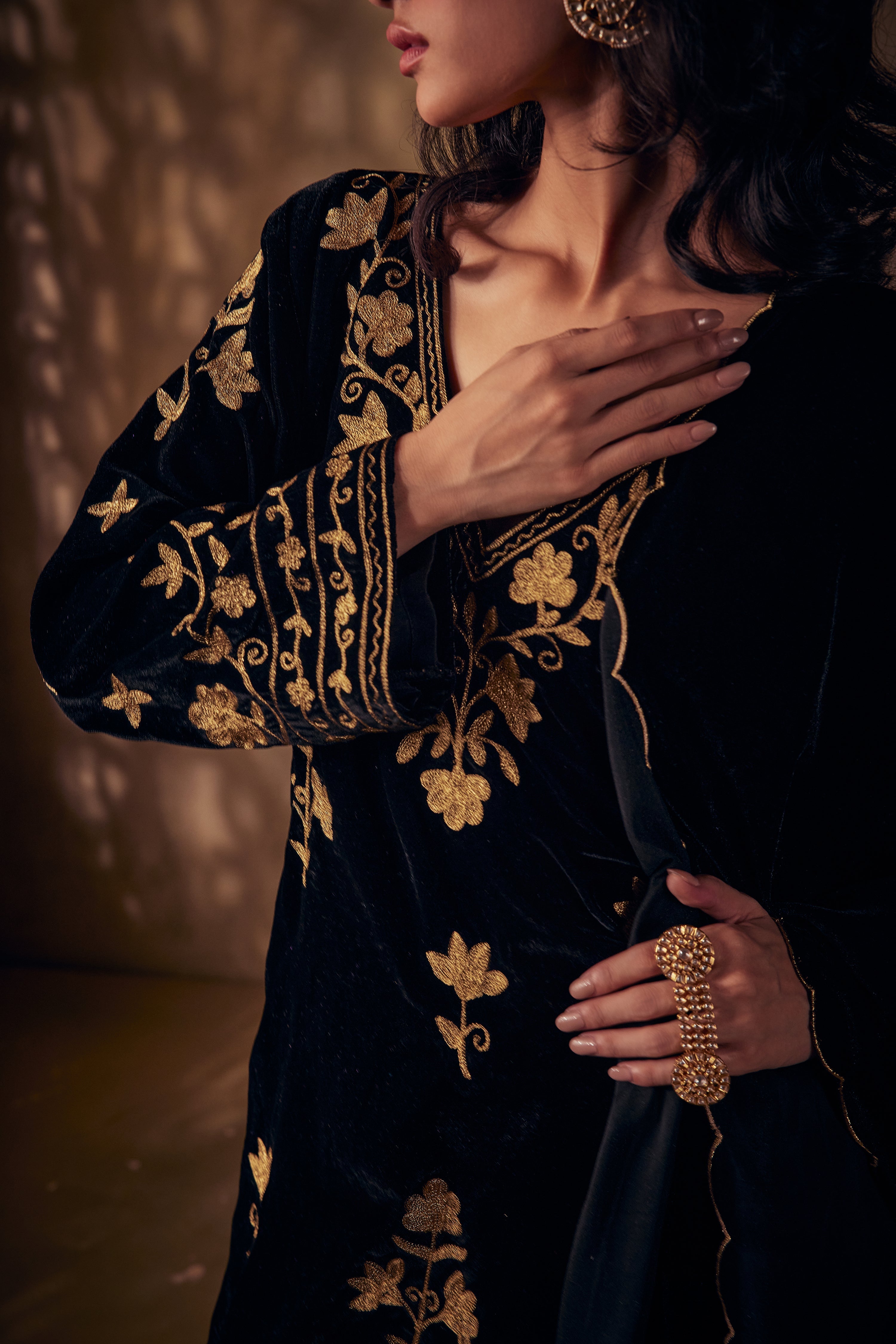 Black Silk Velvet Gold Aari Kurta Set