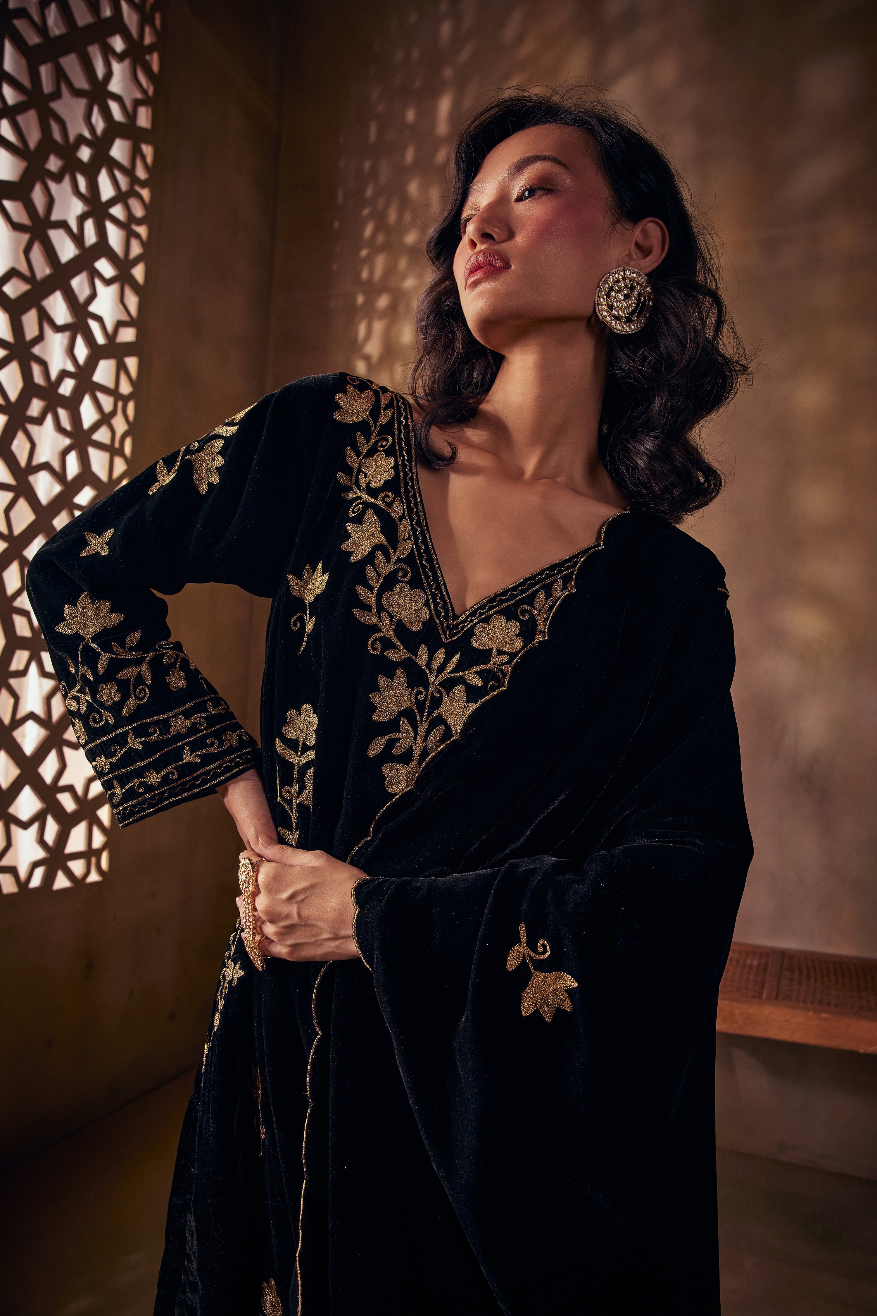 Black Silk Velvet Gold Aari Kurta Set