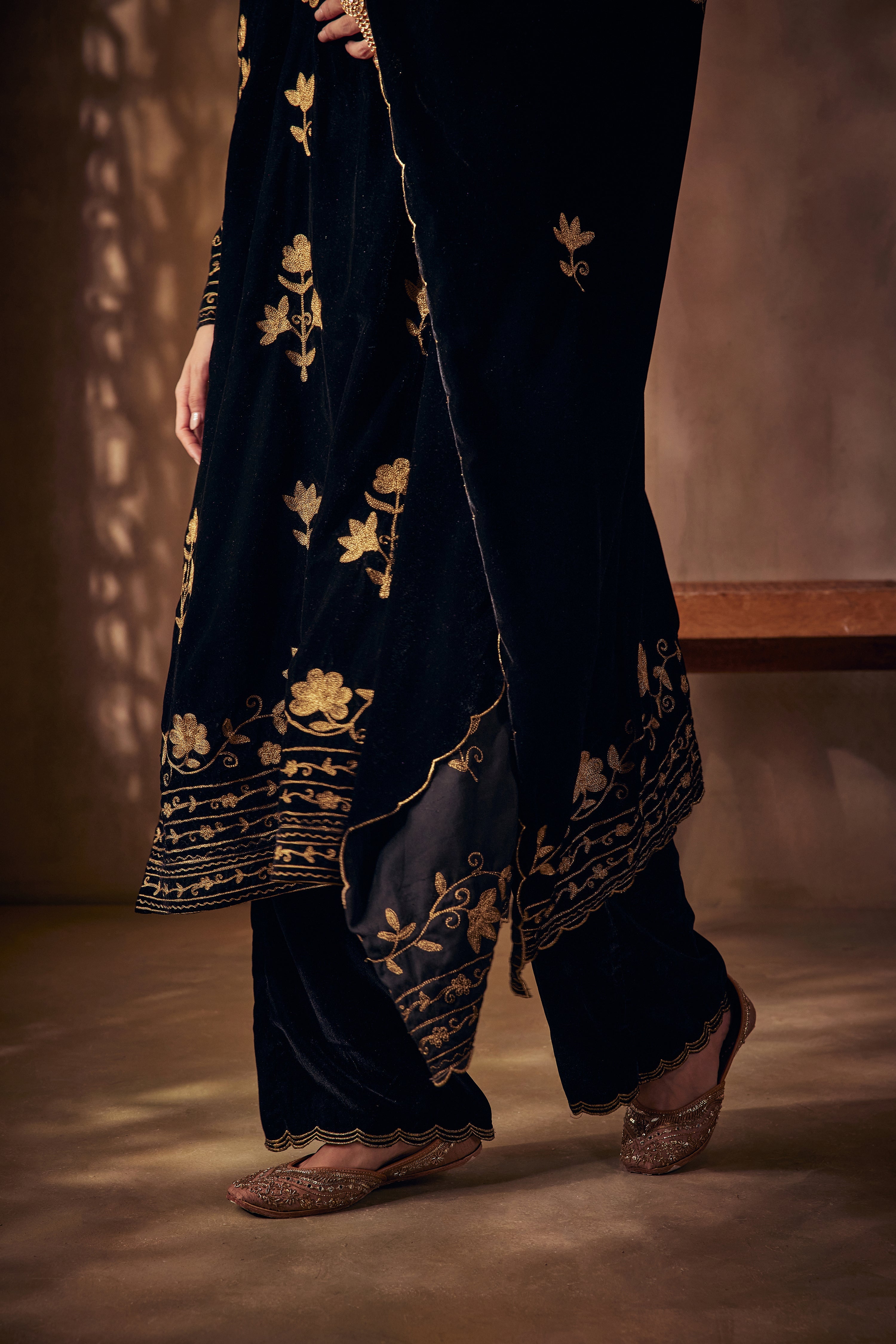 Black Silk Velvet Gold Aari Kurta Set