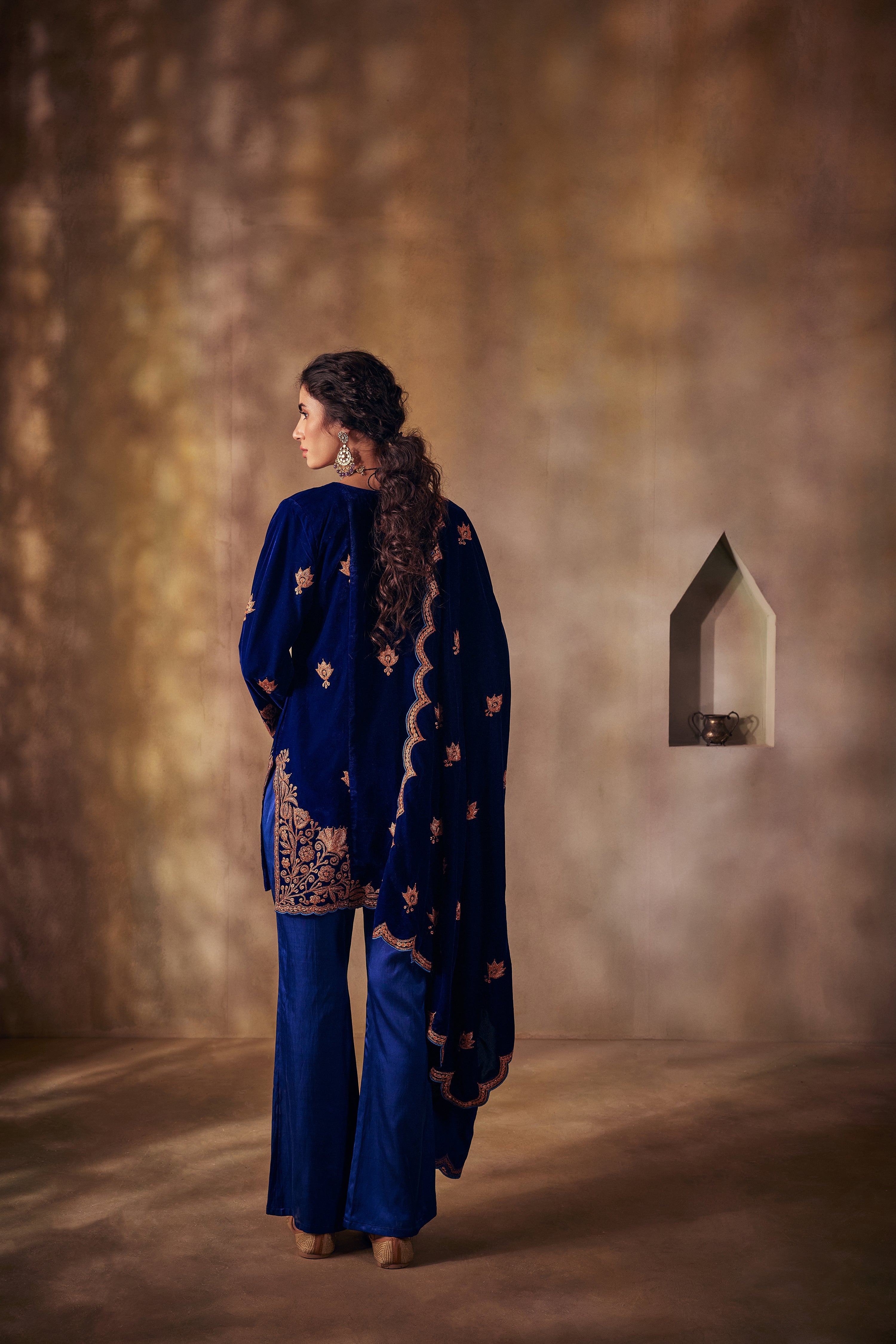 Sapphire Blue Silk Velvet Kurta Set with Flared Pants