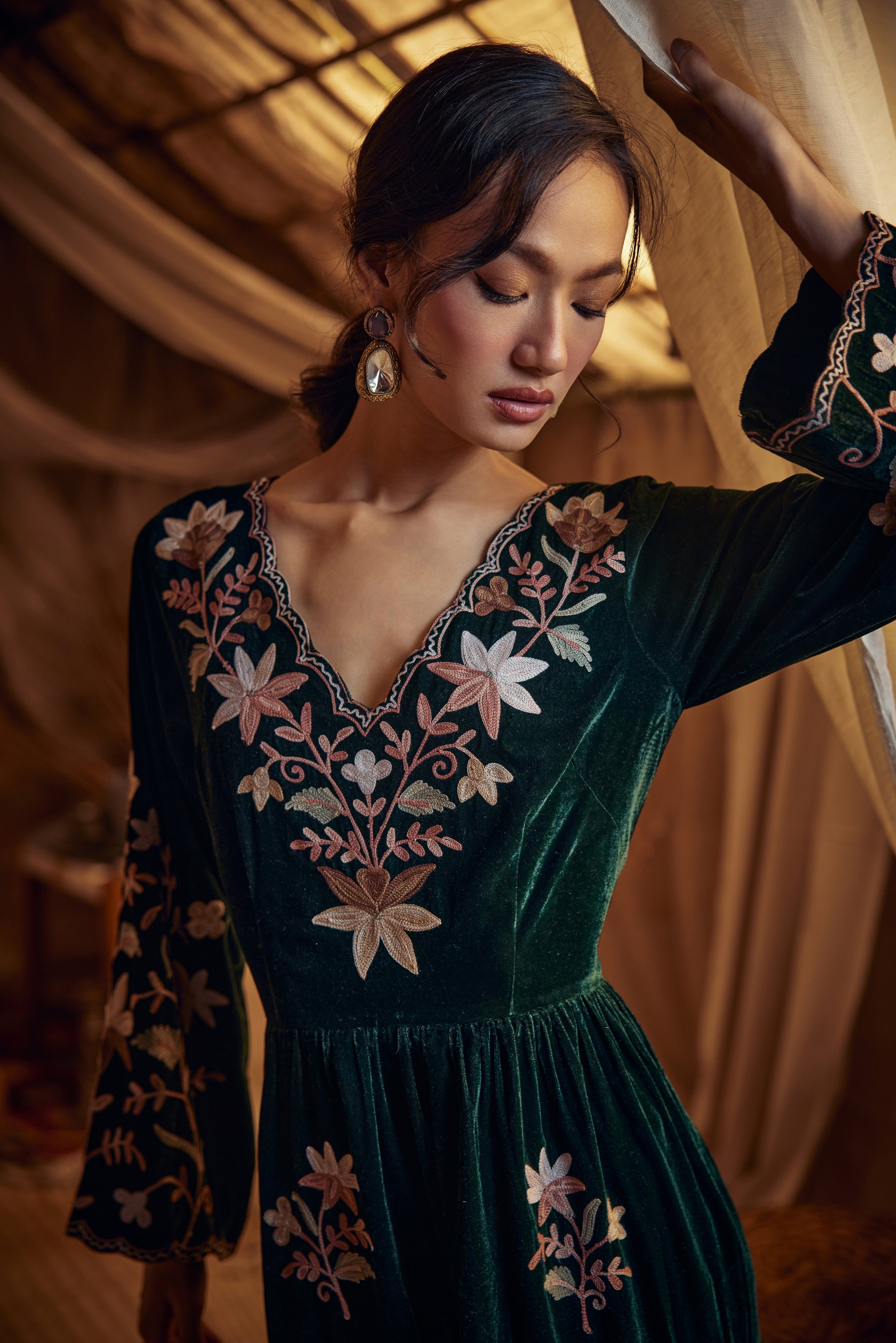 Nishat Emerald Green Silk Velvet Dress