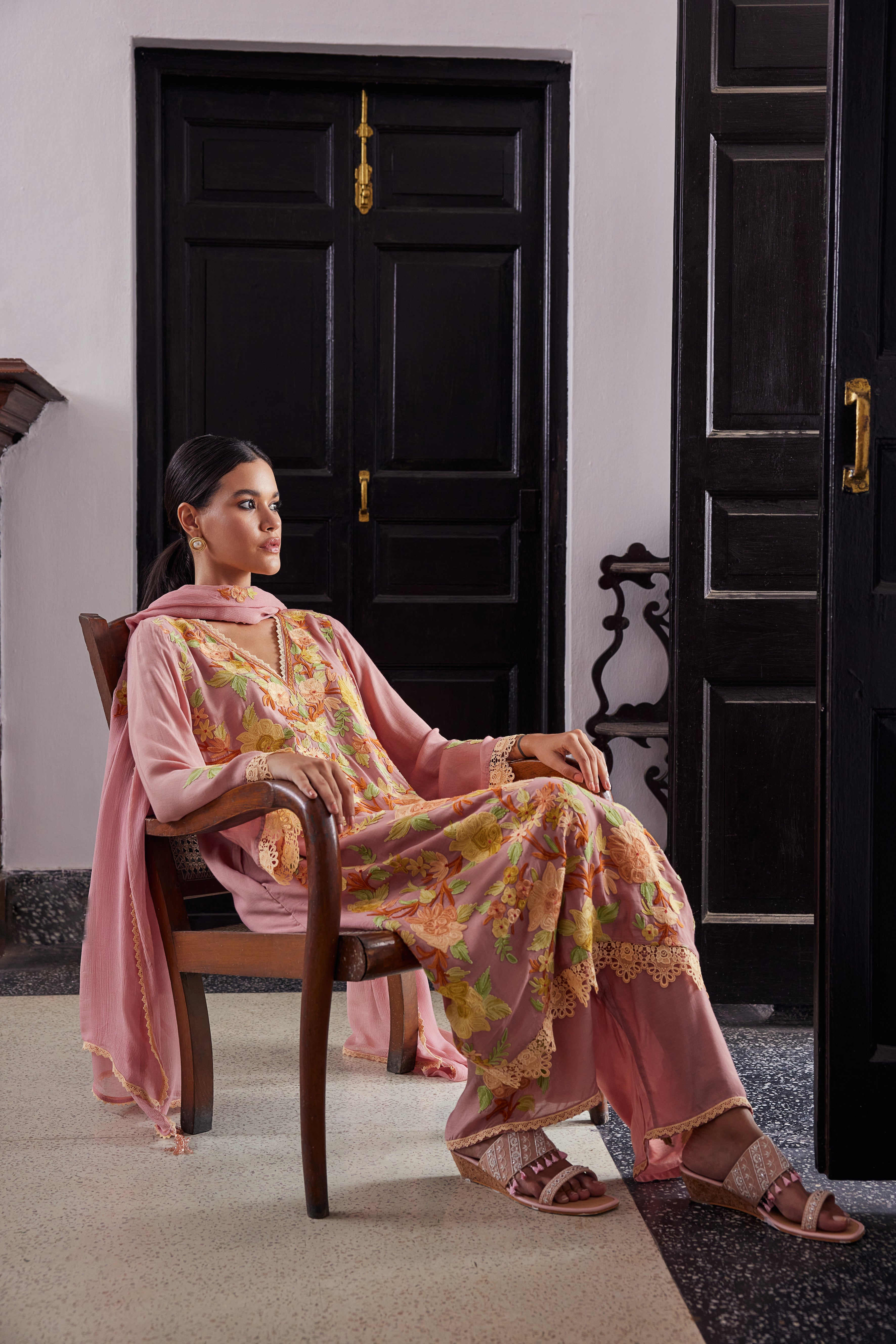 Pink Garden Assymetrical Kurta Set