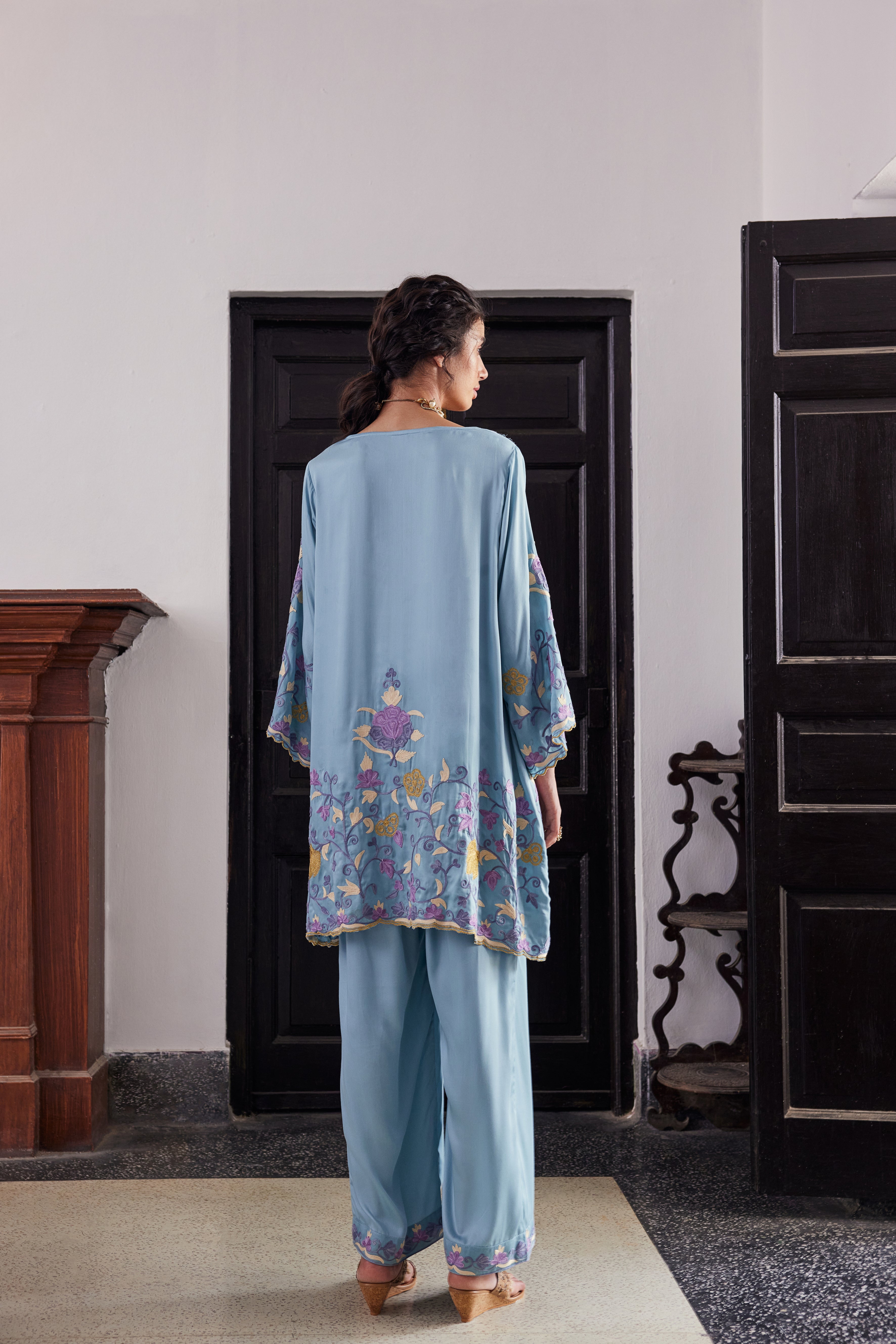 Cloud Blue Aari Tilla Kurta Set