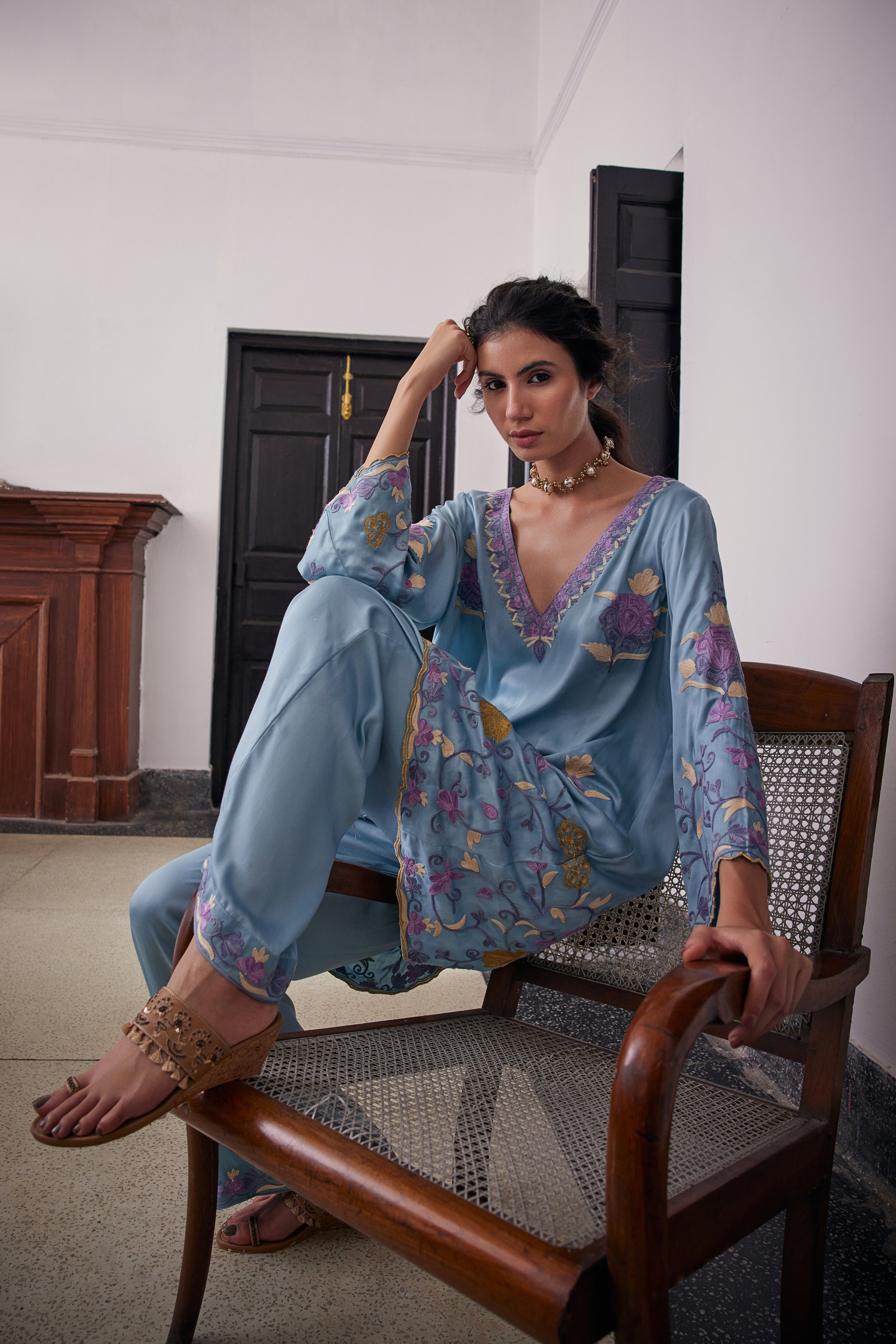 Cloud Blue Aari Tilla Kurta Set