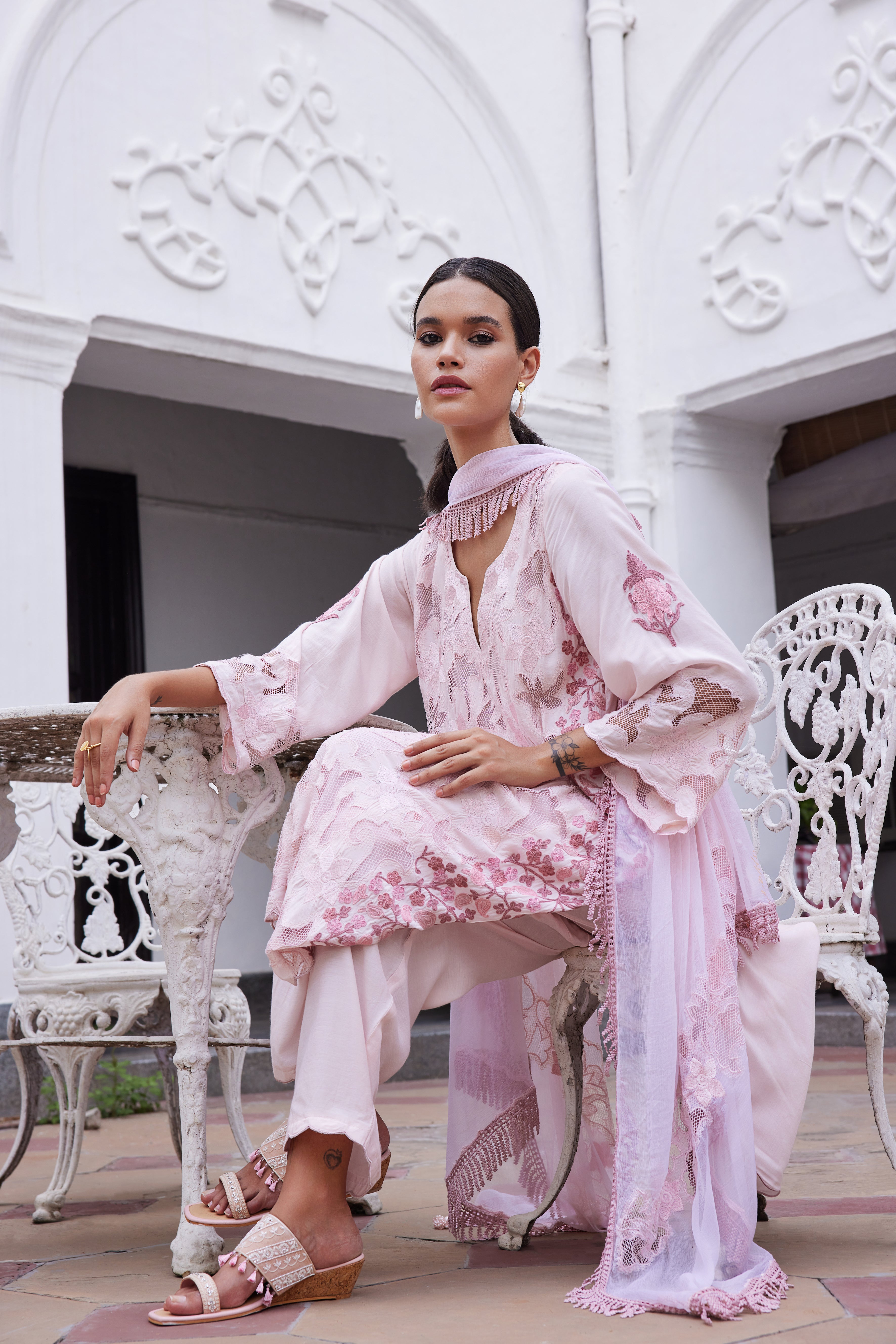 Powder Pink Cutwork Asymmetrical Kurta Set