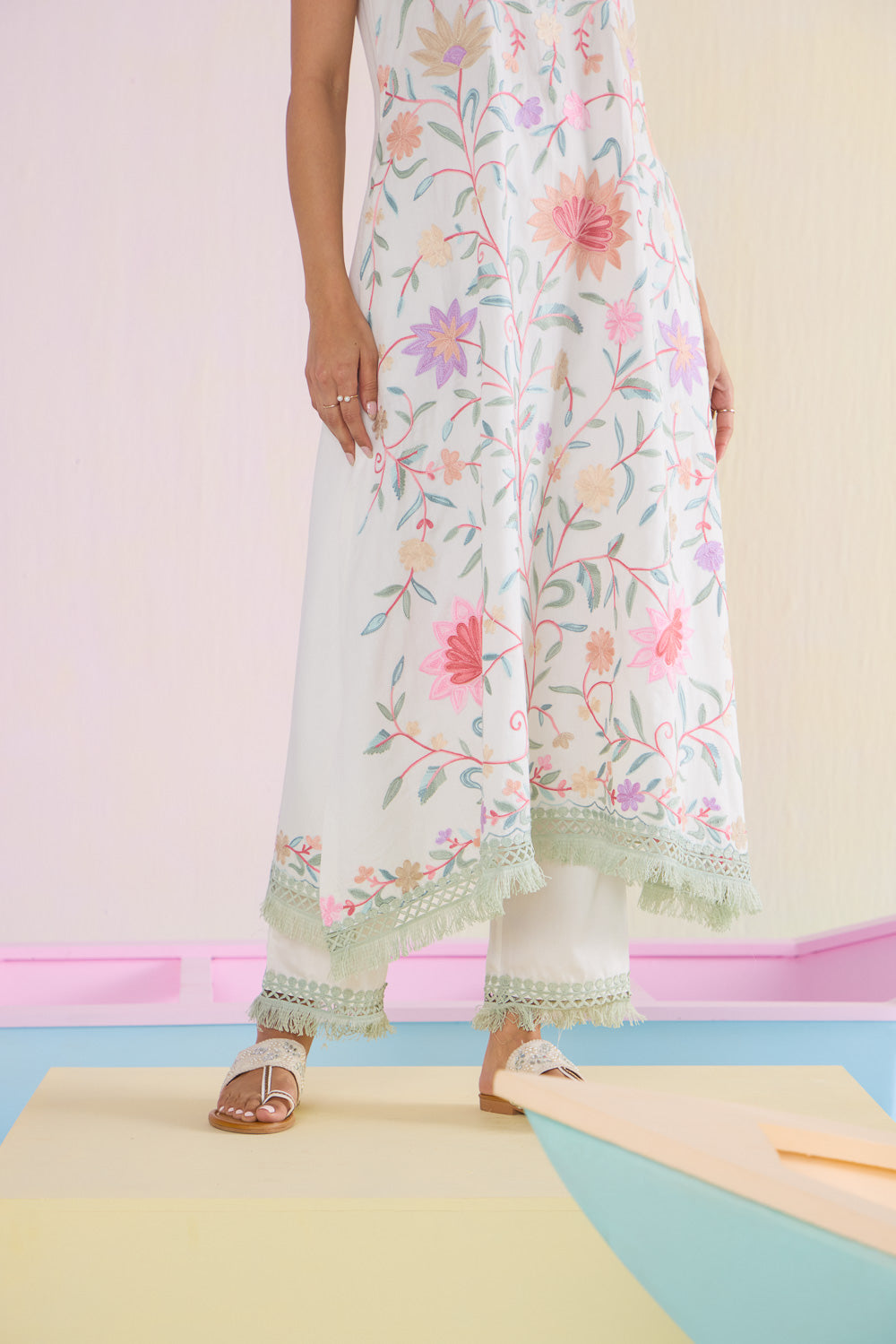 Ivory Blossom Sleeveless Cotton Kurta Set