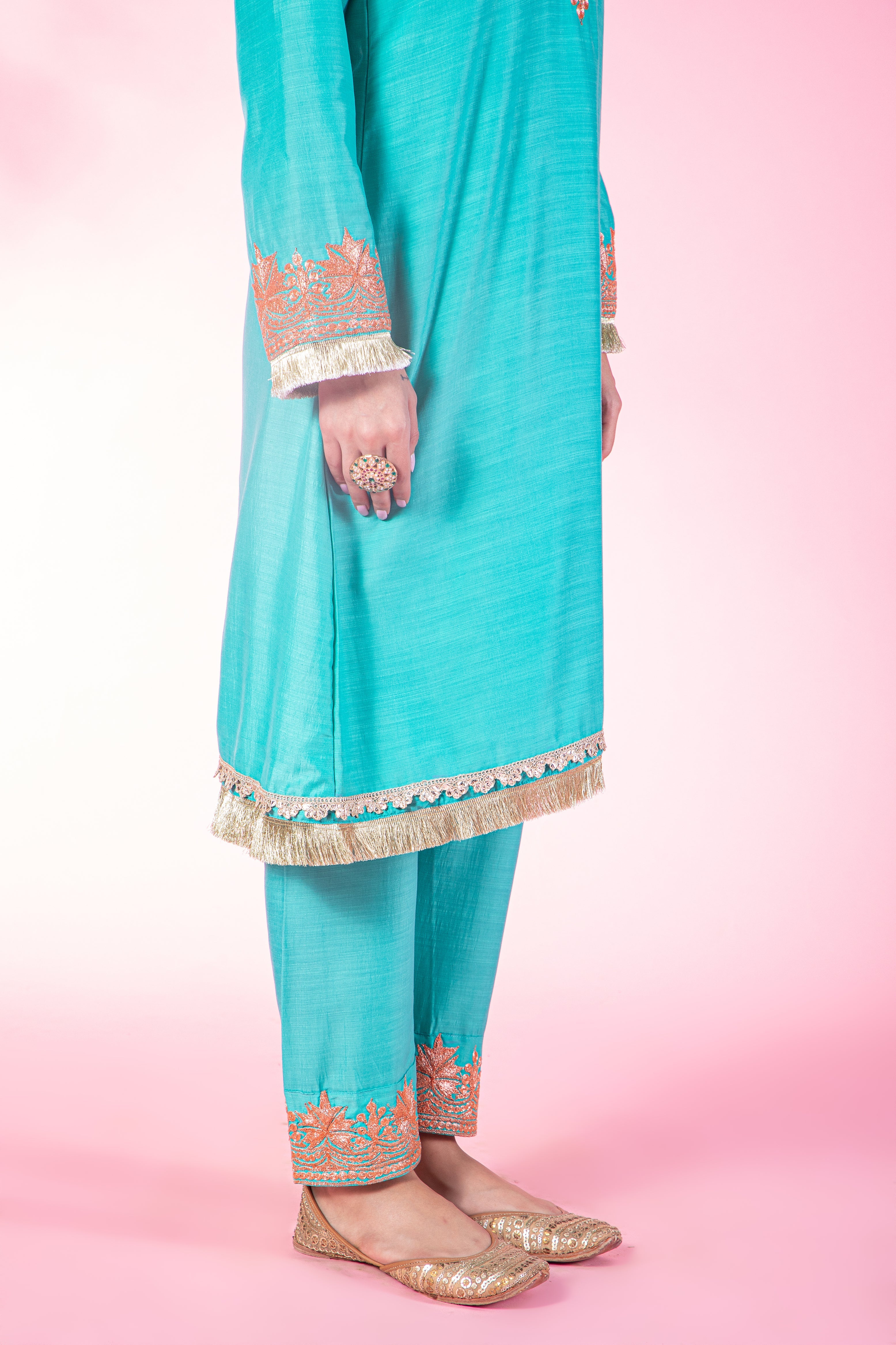 Resham Firozi Silk Kurta Set With Straight Pants