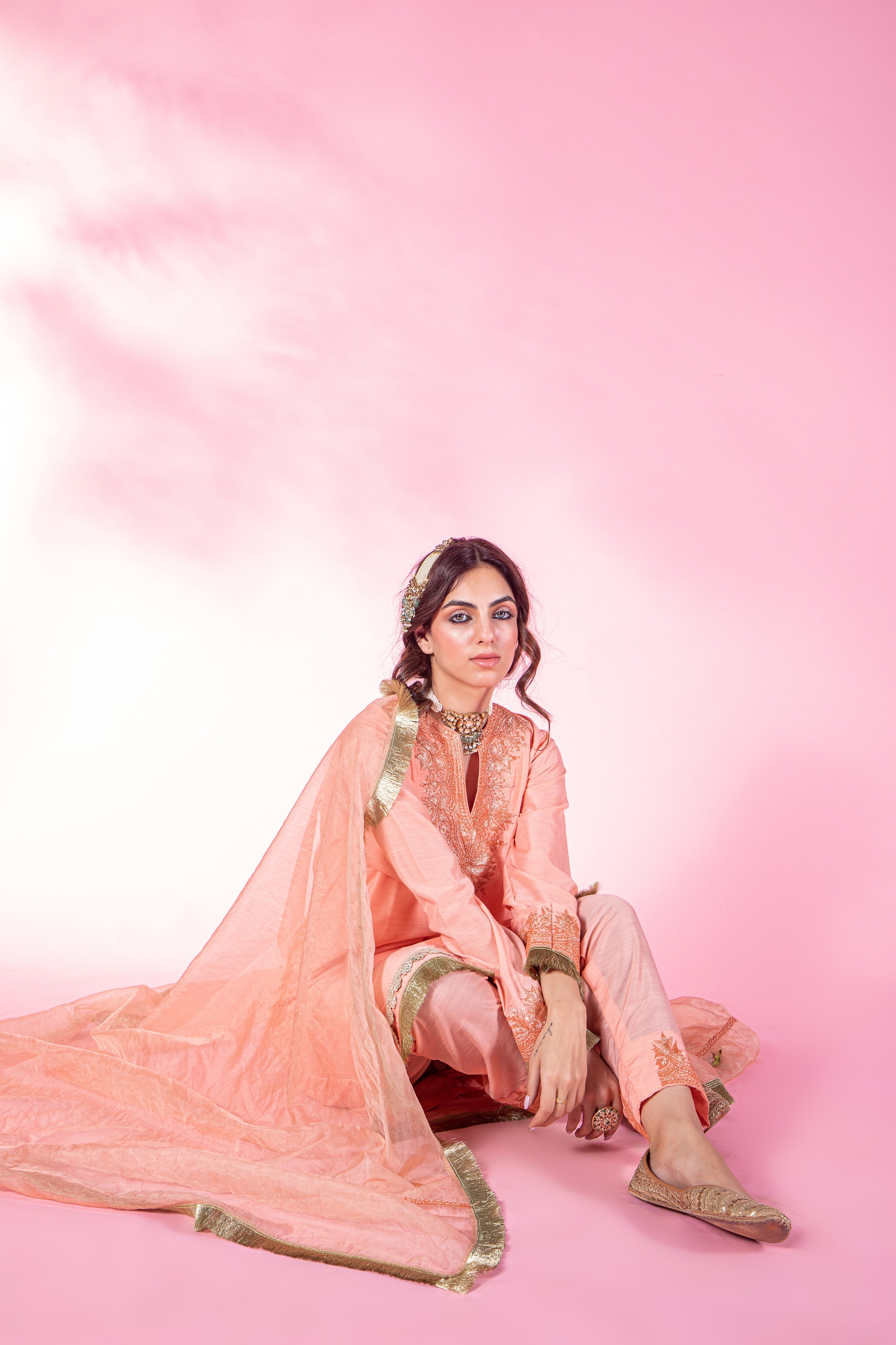 Resham Peach Silk Kurta Set With Straight Pants