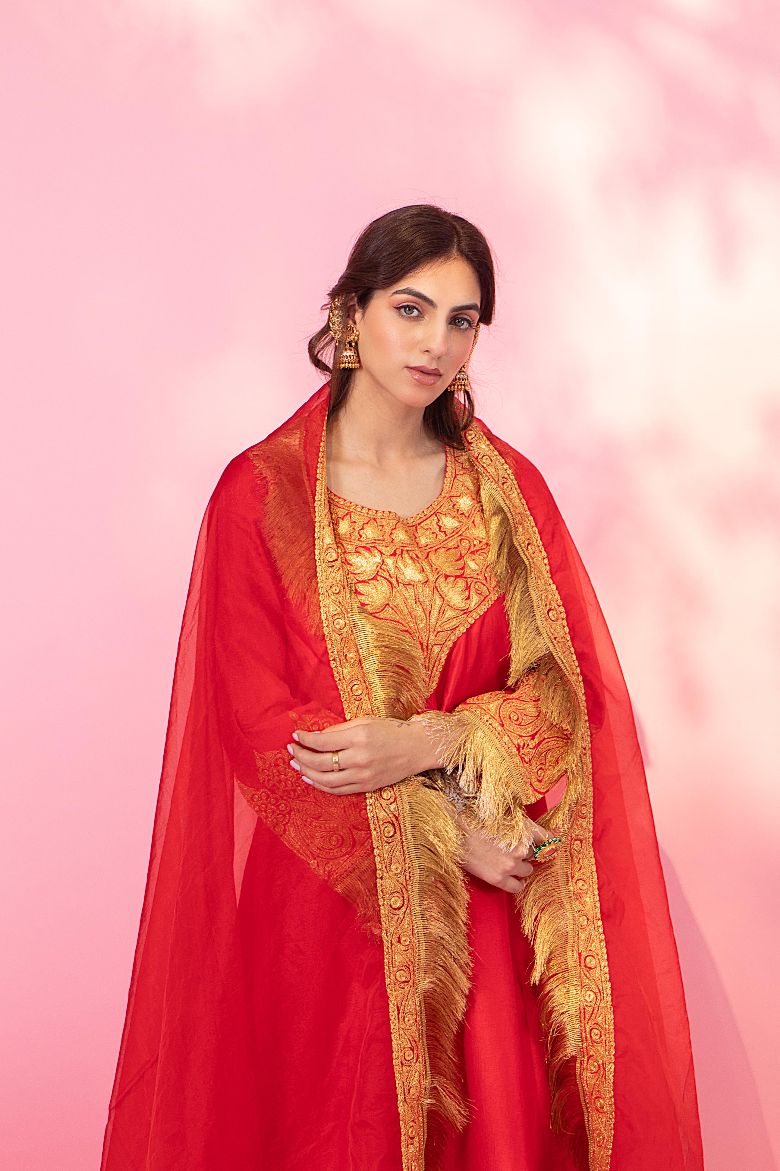 Resham Red Silk Kurta Set With Salwar