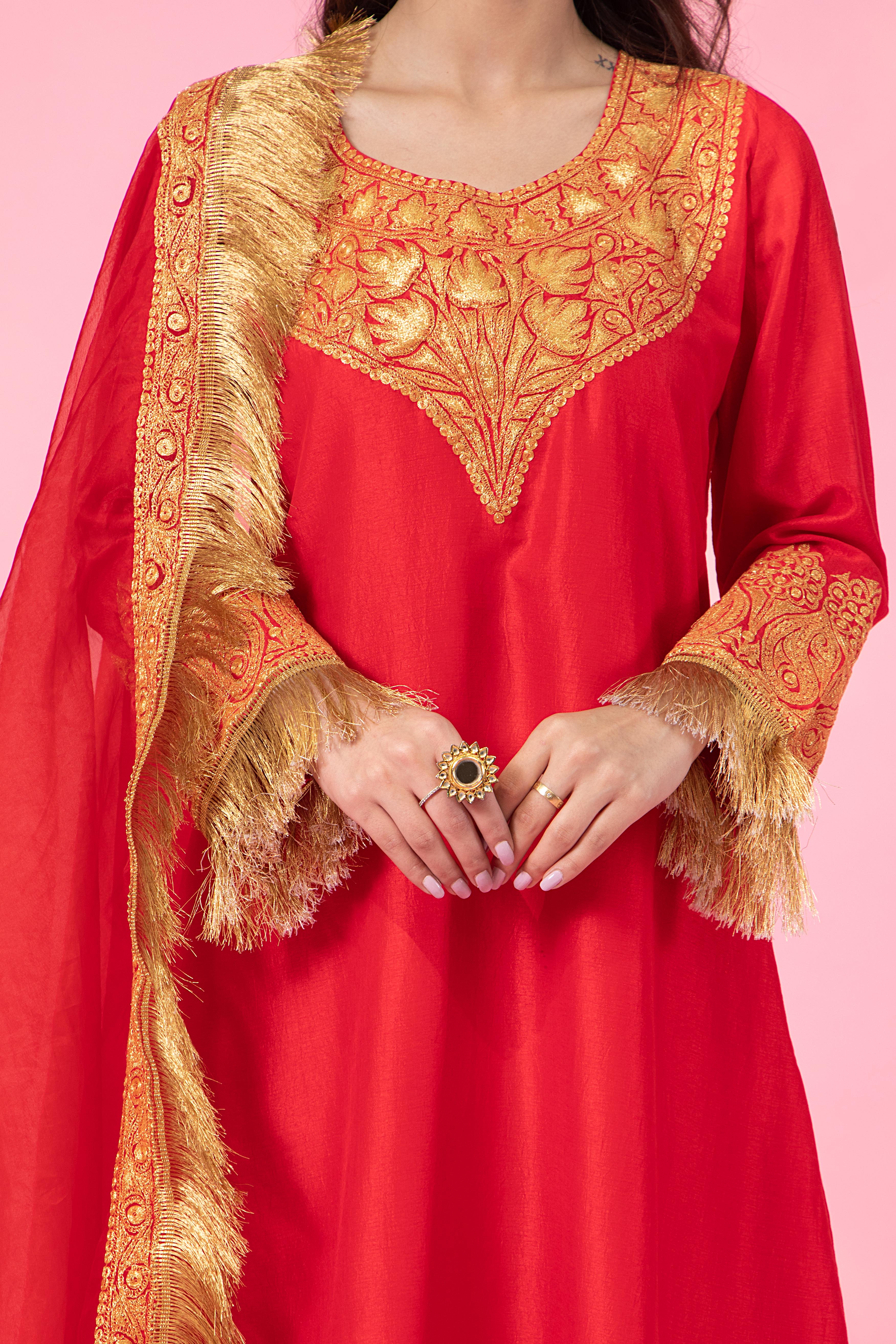 Resham Red Silk Kurta Set With Salwar