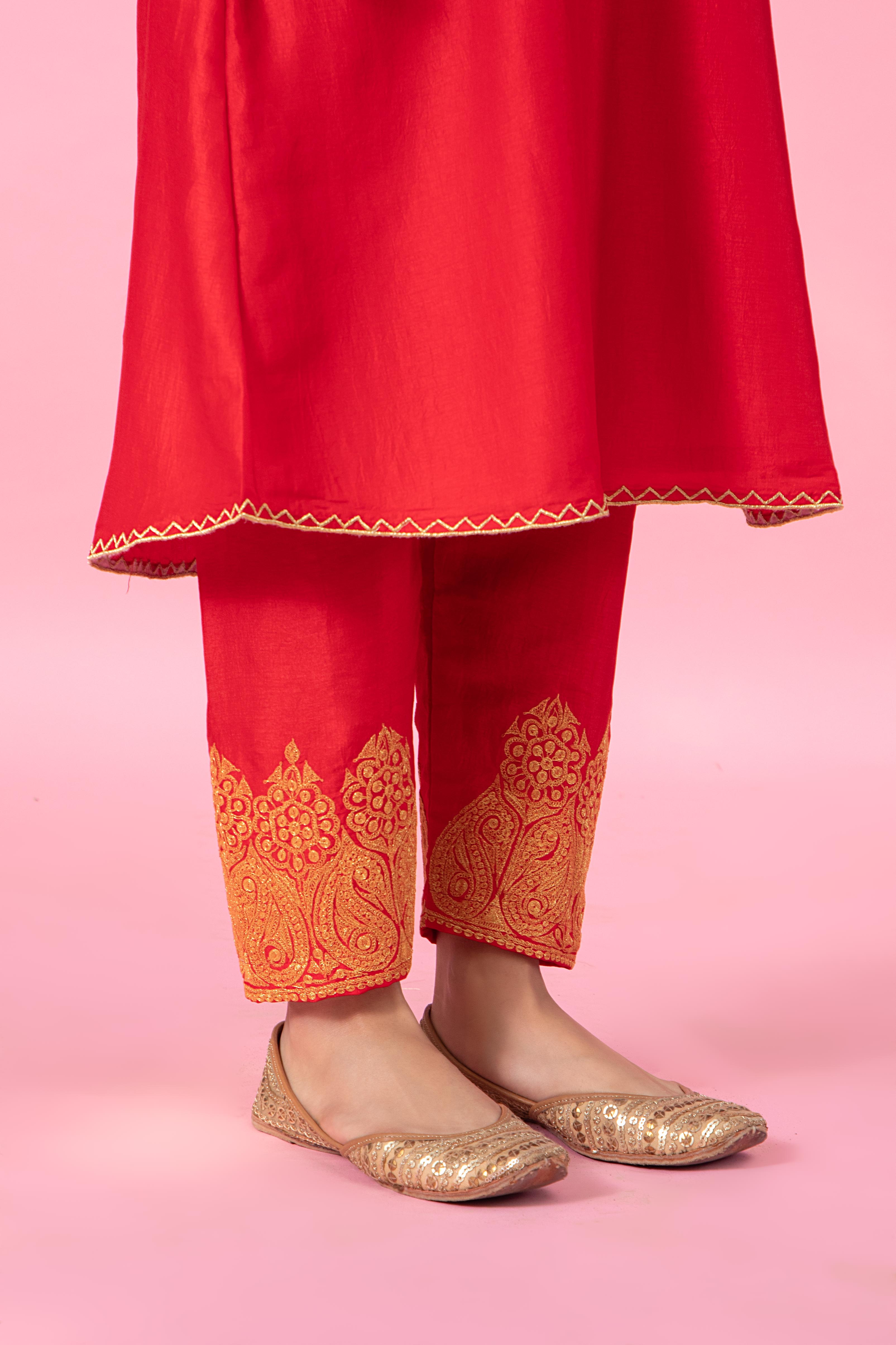 Resham Red Silk Kurta Set With Salwar