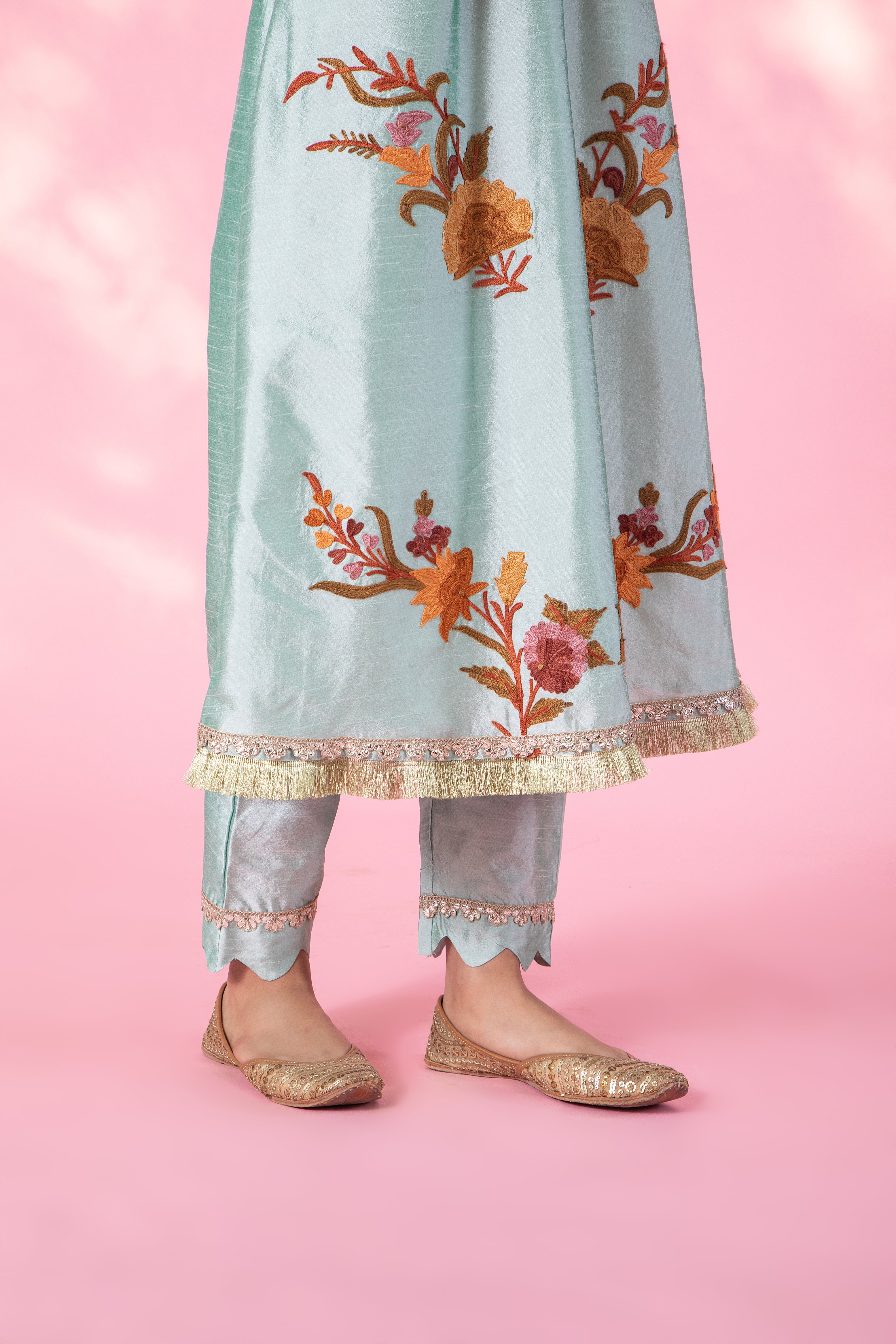 Resham Pista Silk Kurta Set With Straight Pants