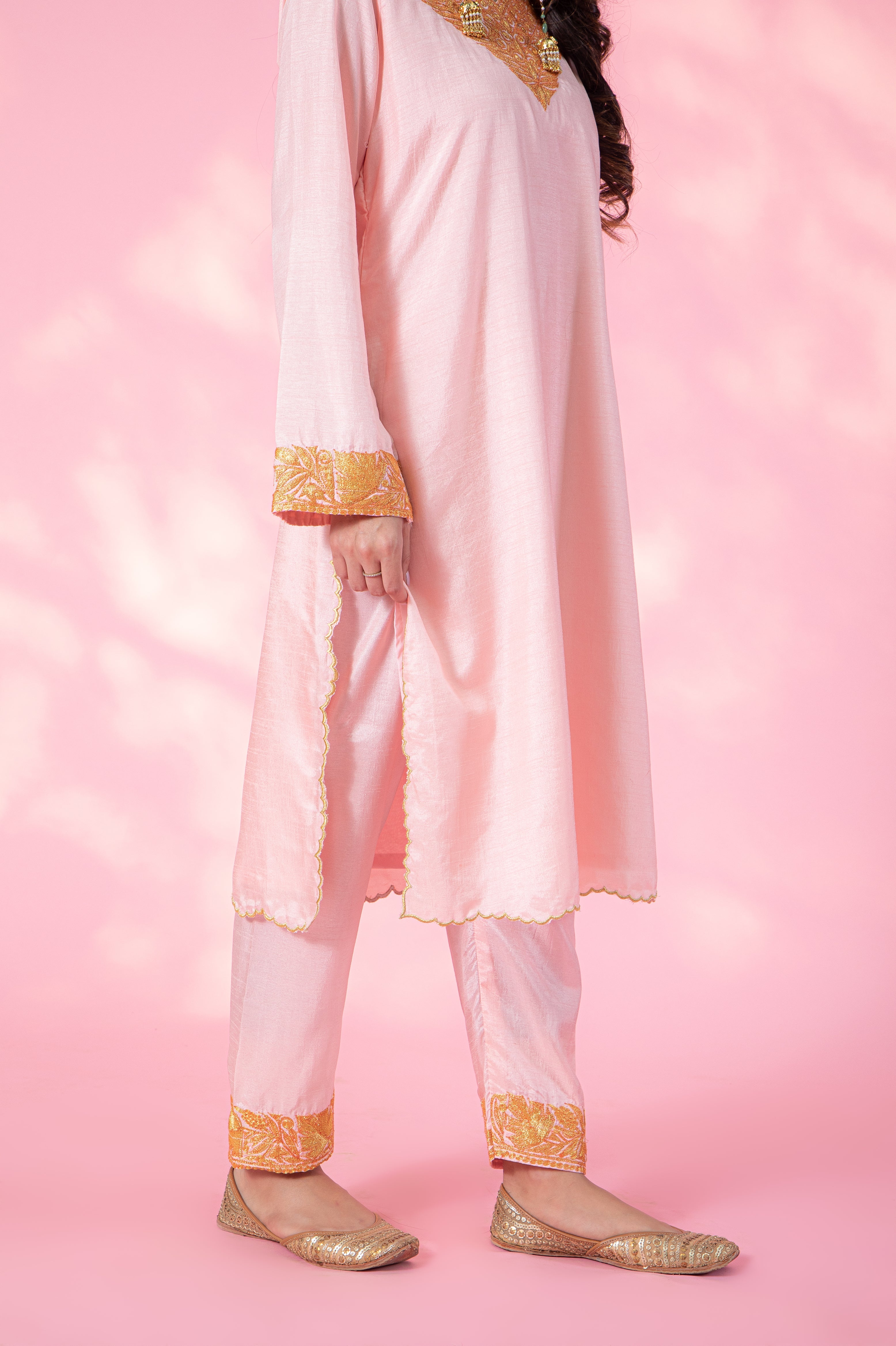 Resham Pink Silk Kurta Set With Straight Pants