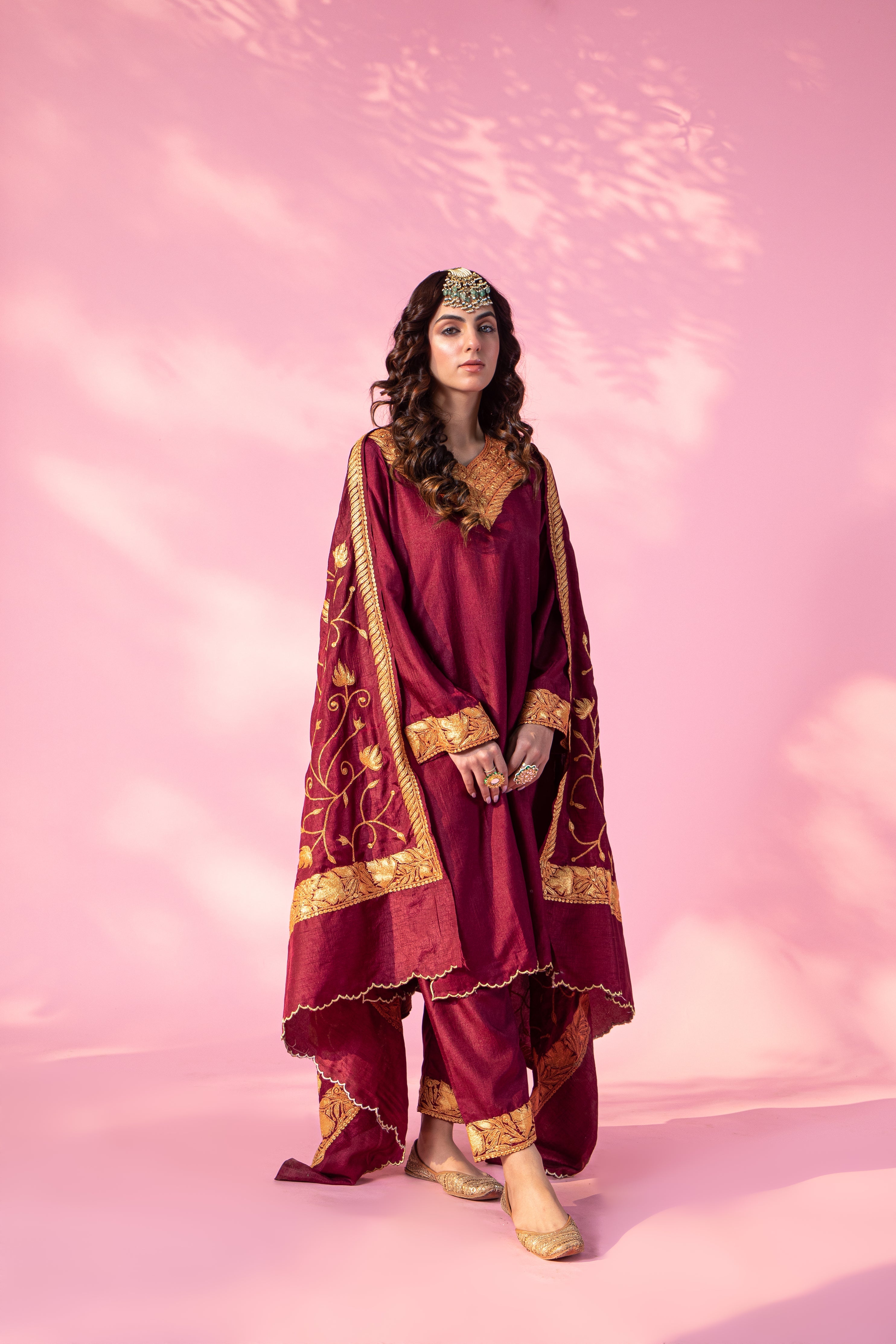 Resham Burgundy Silk Kurta Set With Straight Pants