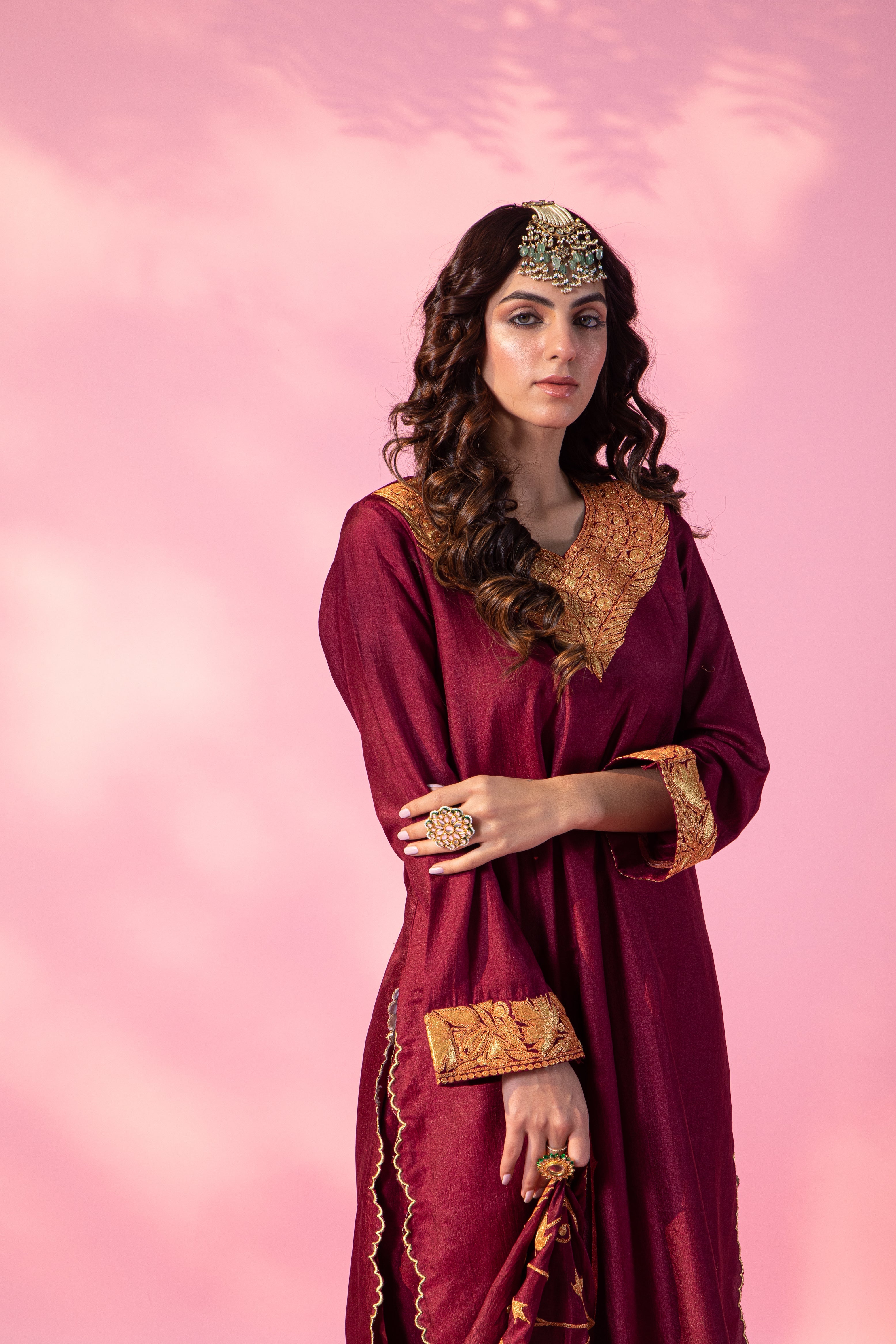 Resham Burgundy Silk Kurta Set With Straight Pants