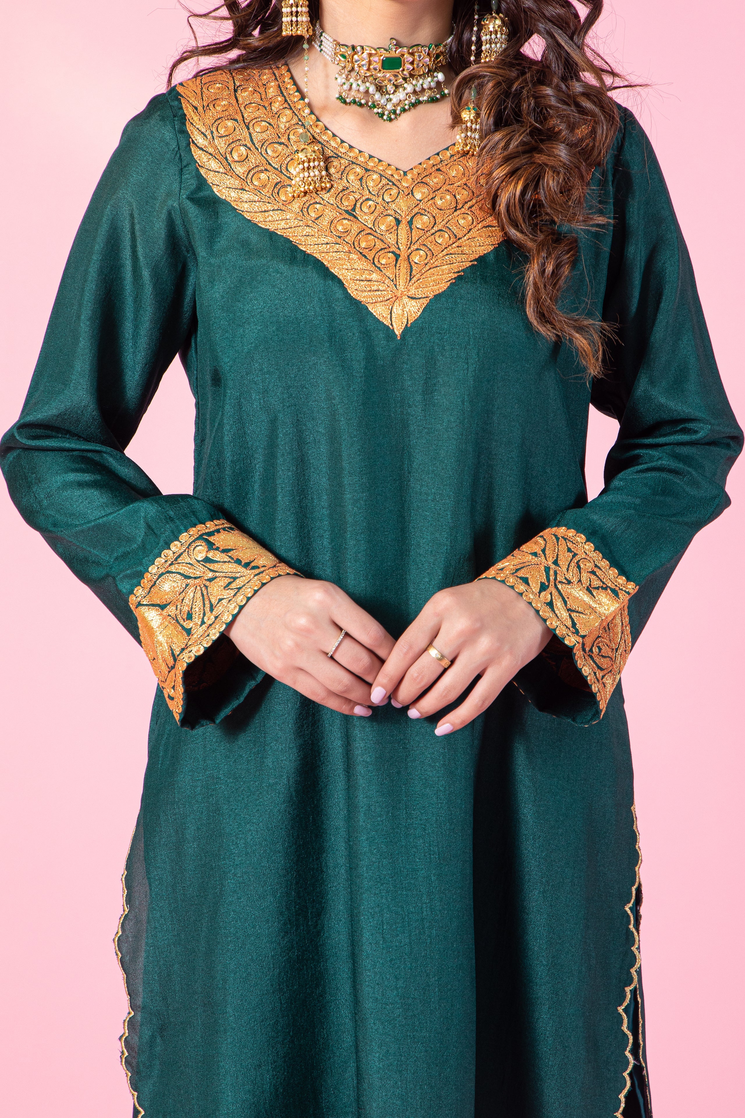 Resham Green Silk Kurta Set With Straight Pants