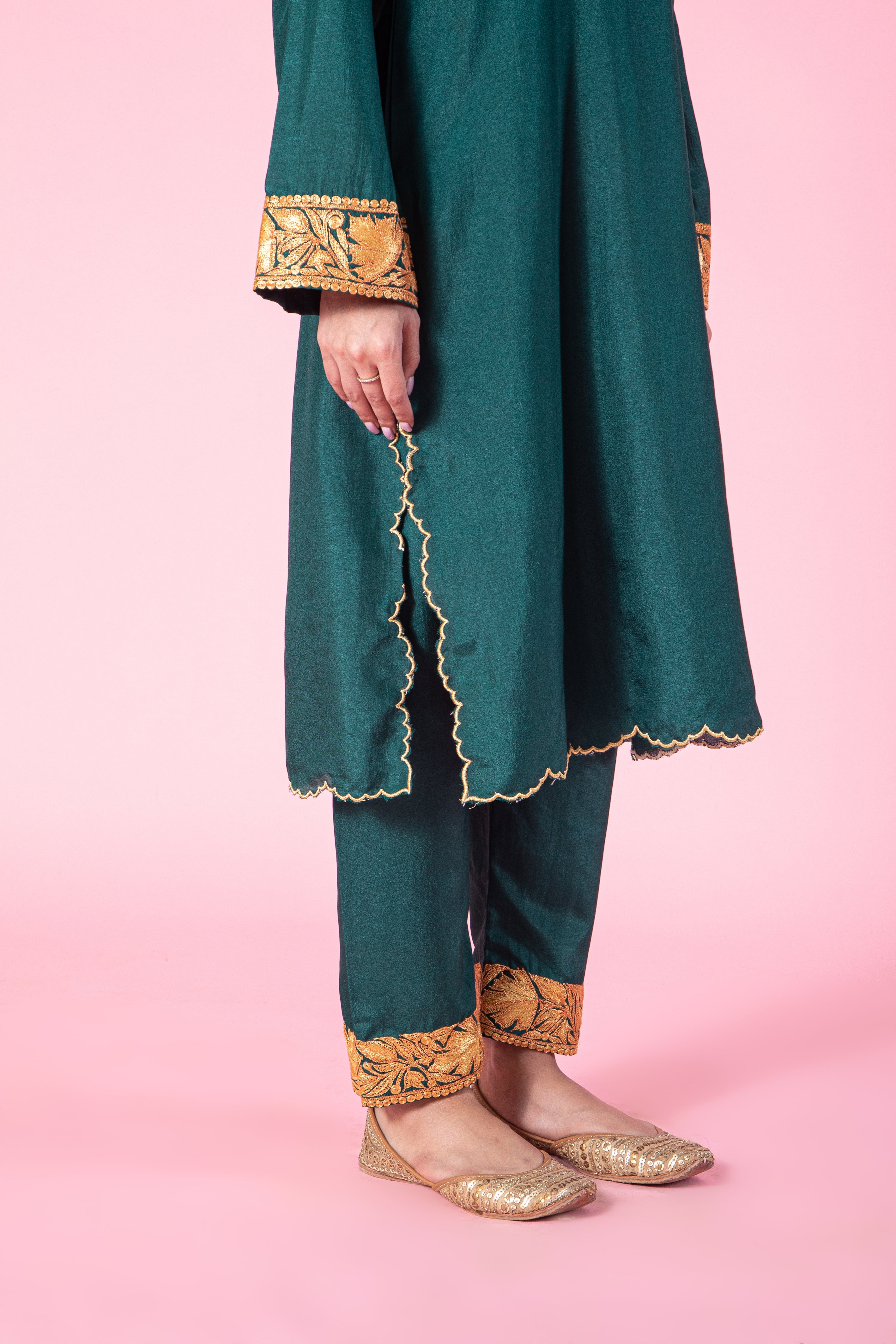 Resham Green Silk Kurta Set With Straight Pants