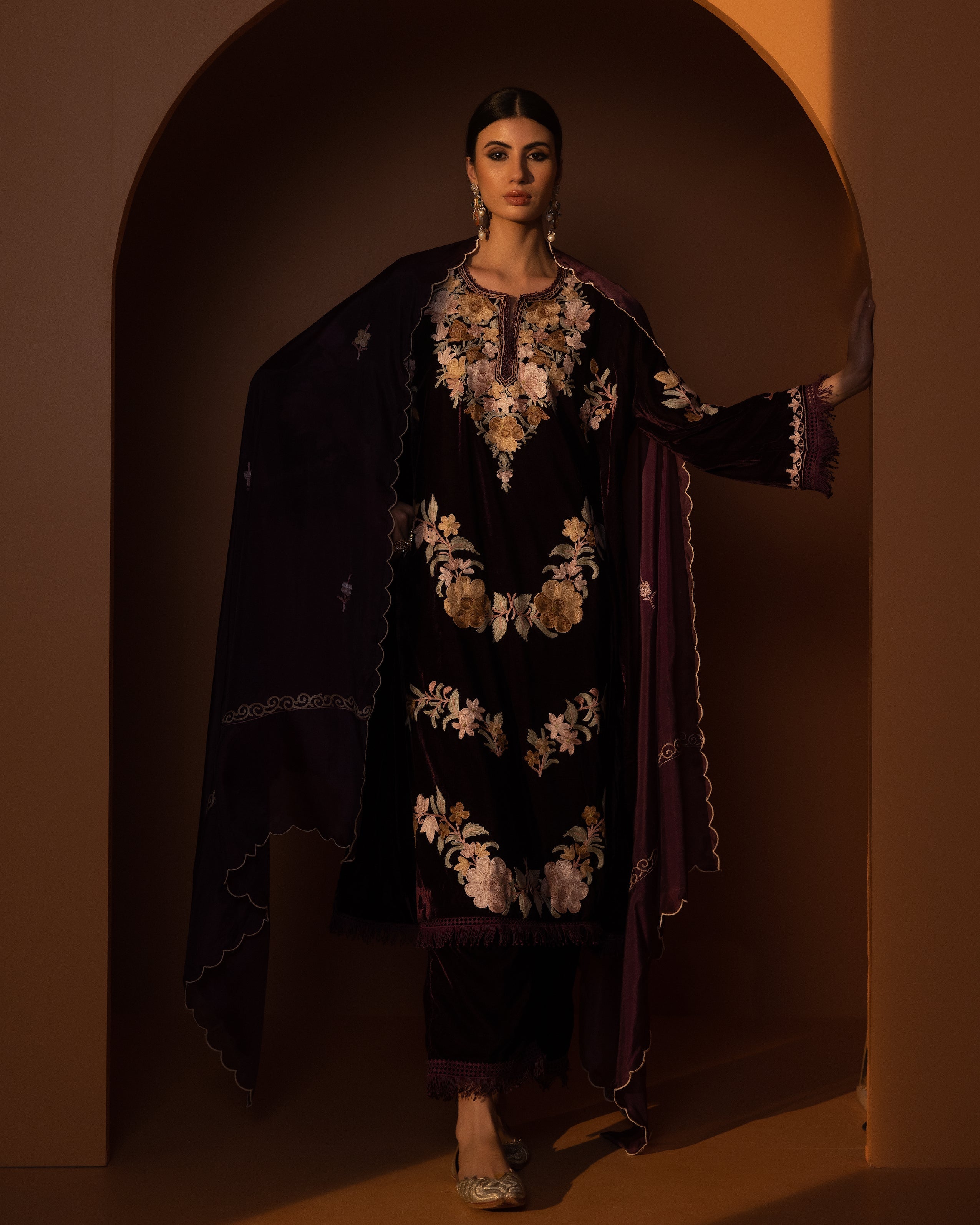 Wine Raeshmi Silk Velvet Kurta Set