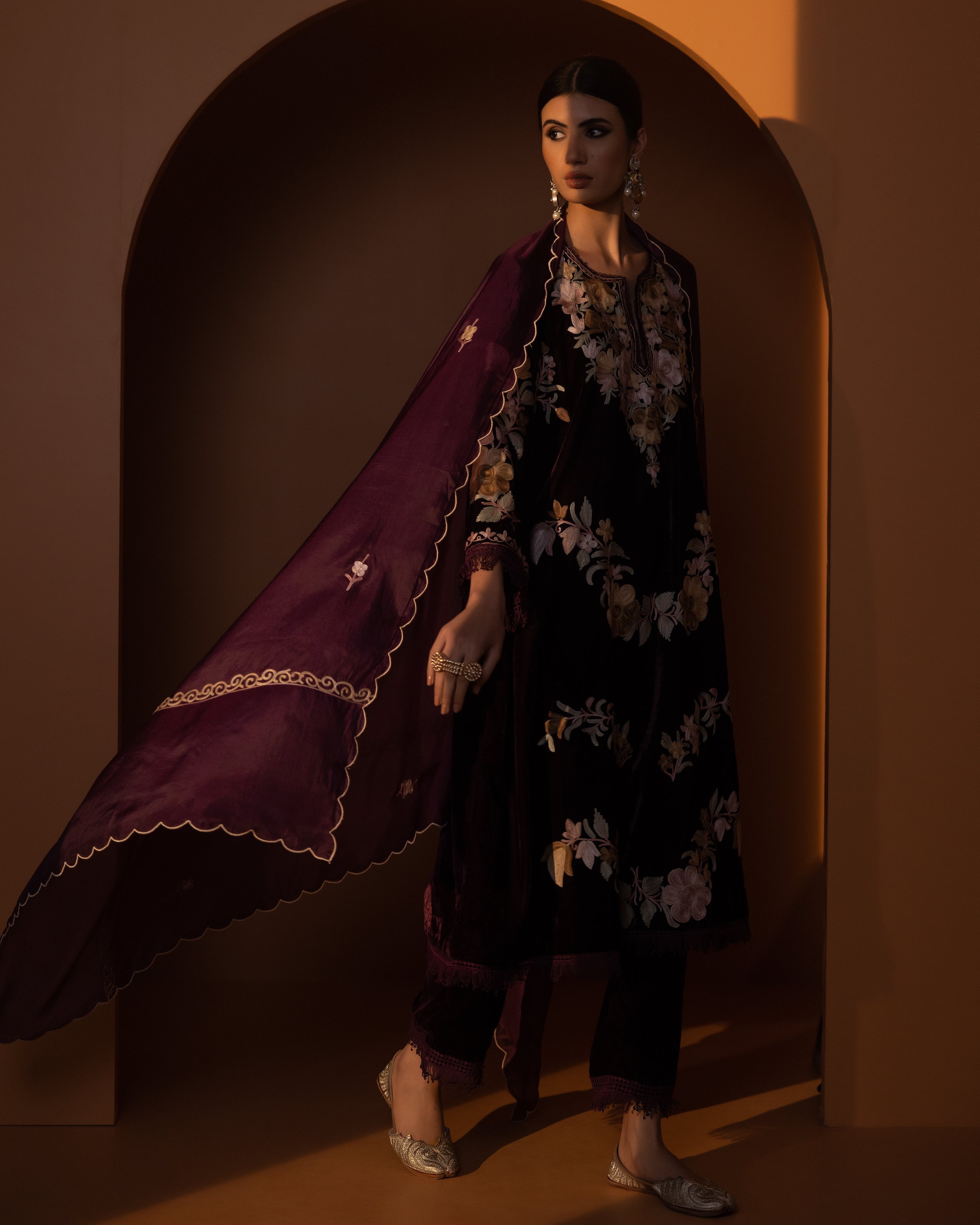 Wine Raeshmi Silk Velvet Kurta Set