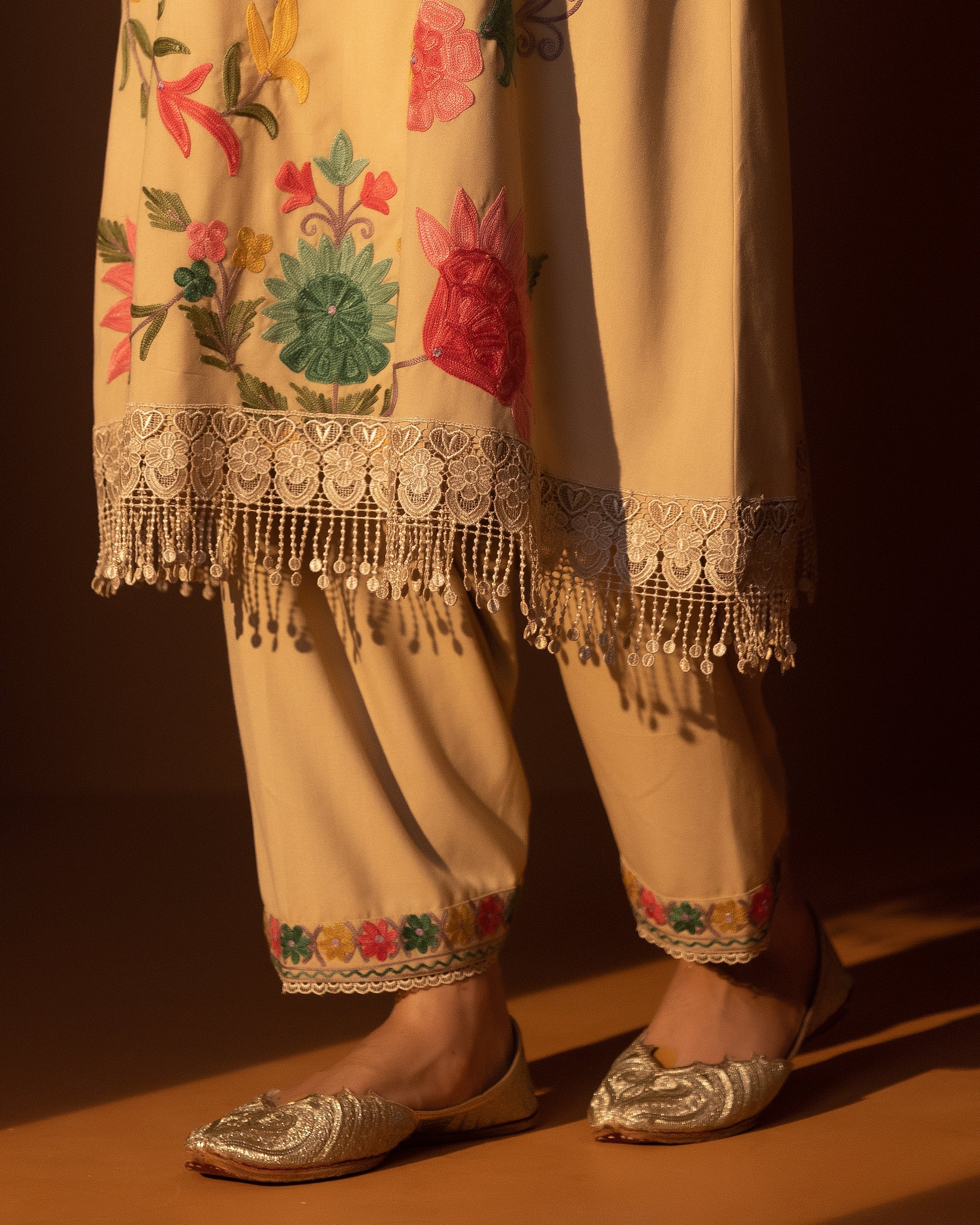 Beige Gulkari Spun Kurta Set