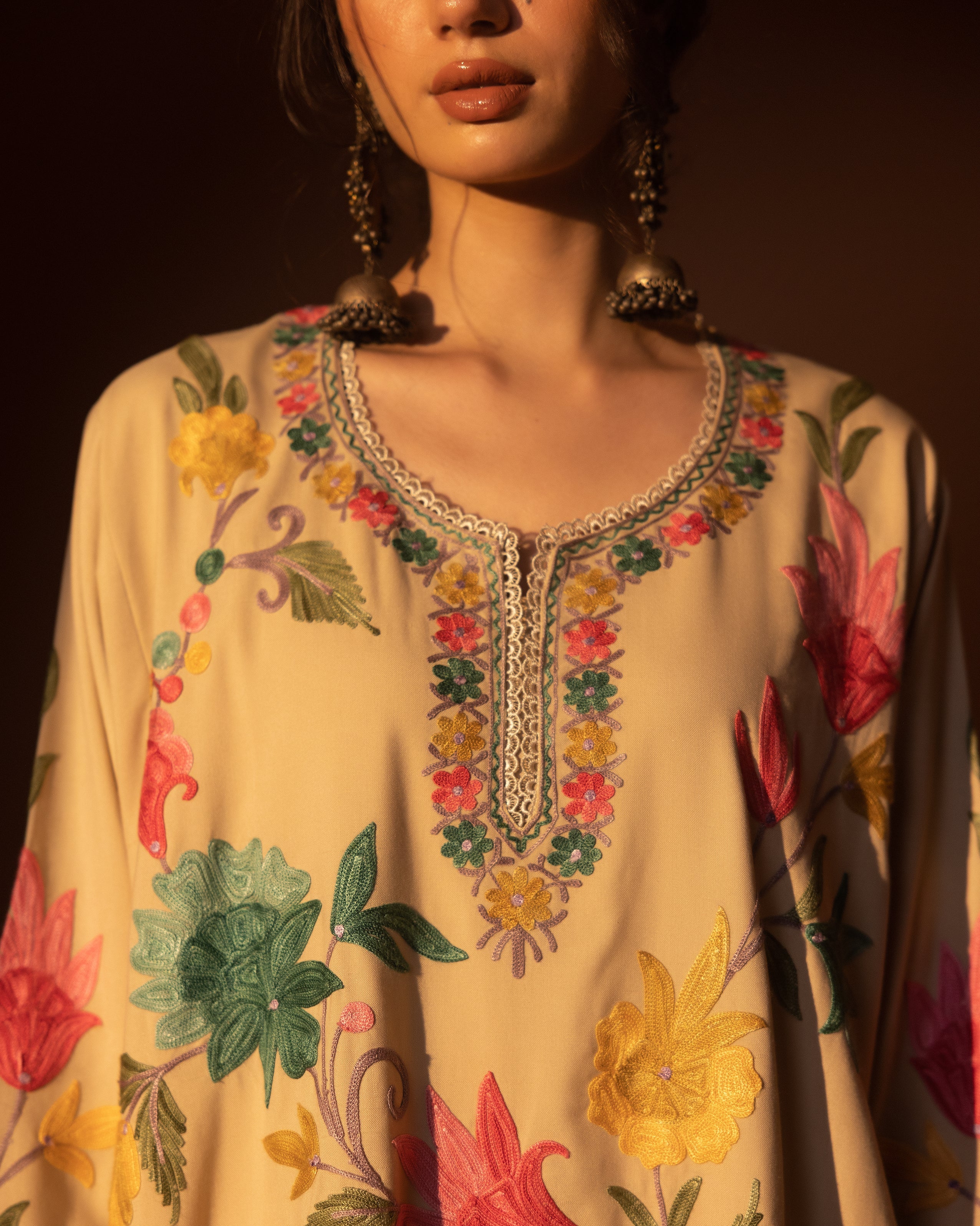 Beige Gulkari Spun Kurta Set