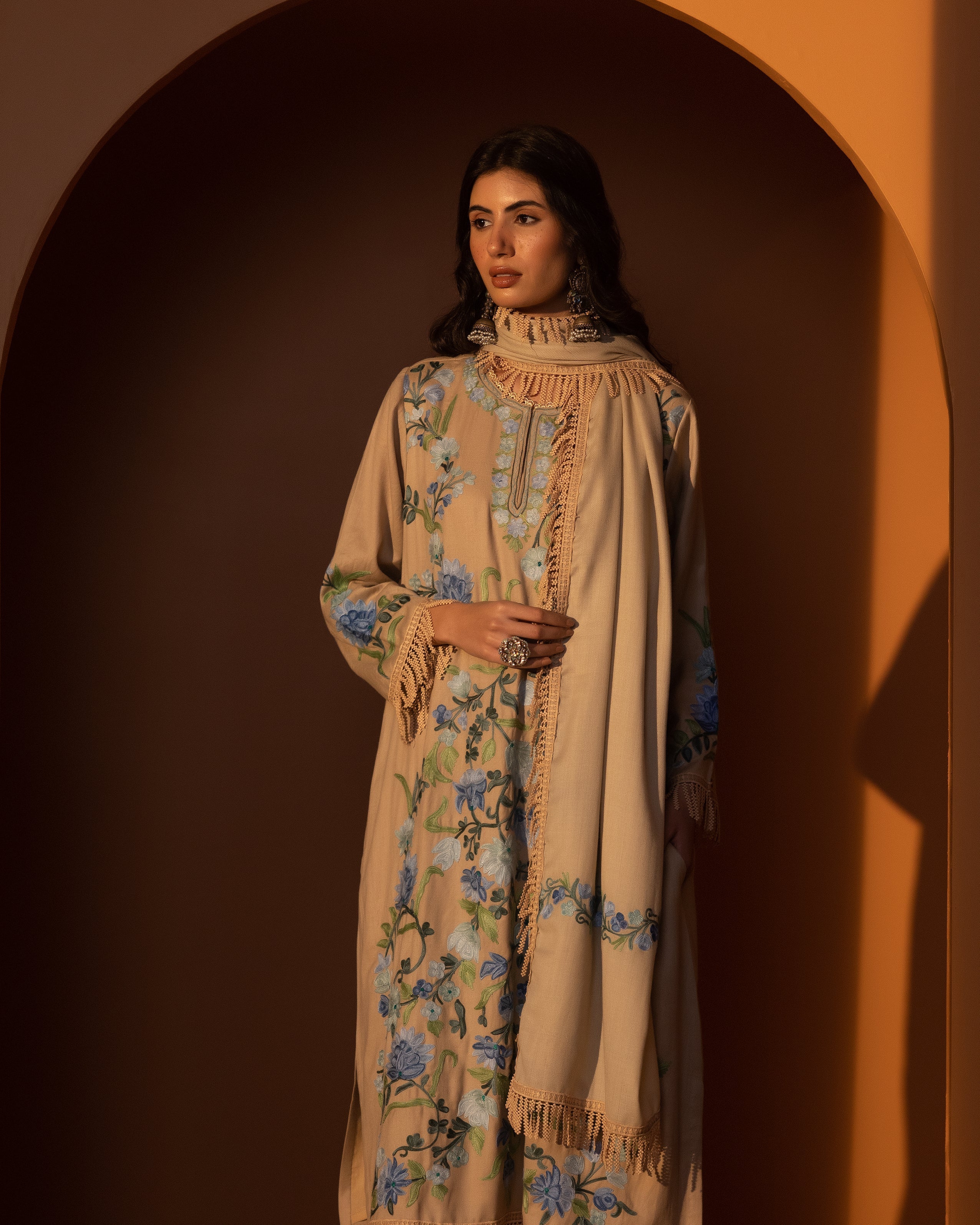 Beige Shades of Blue Pashmina Pheran Set