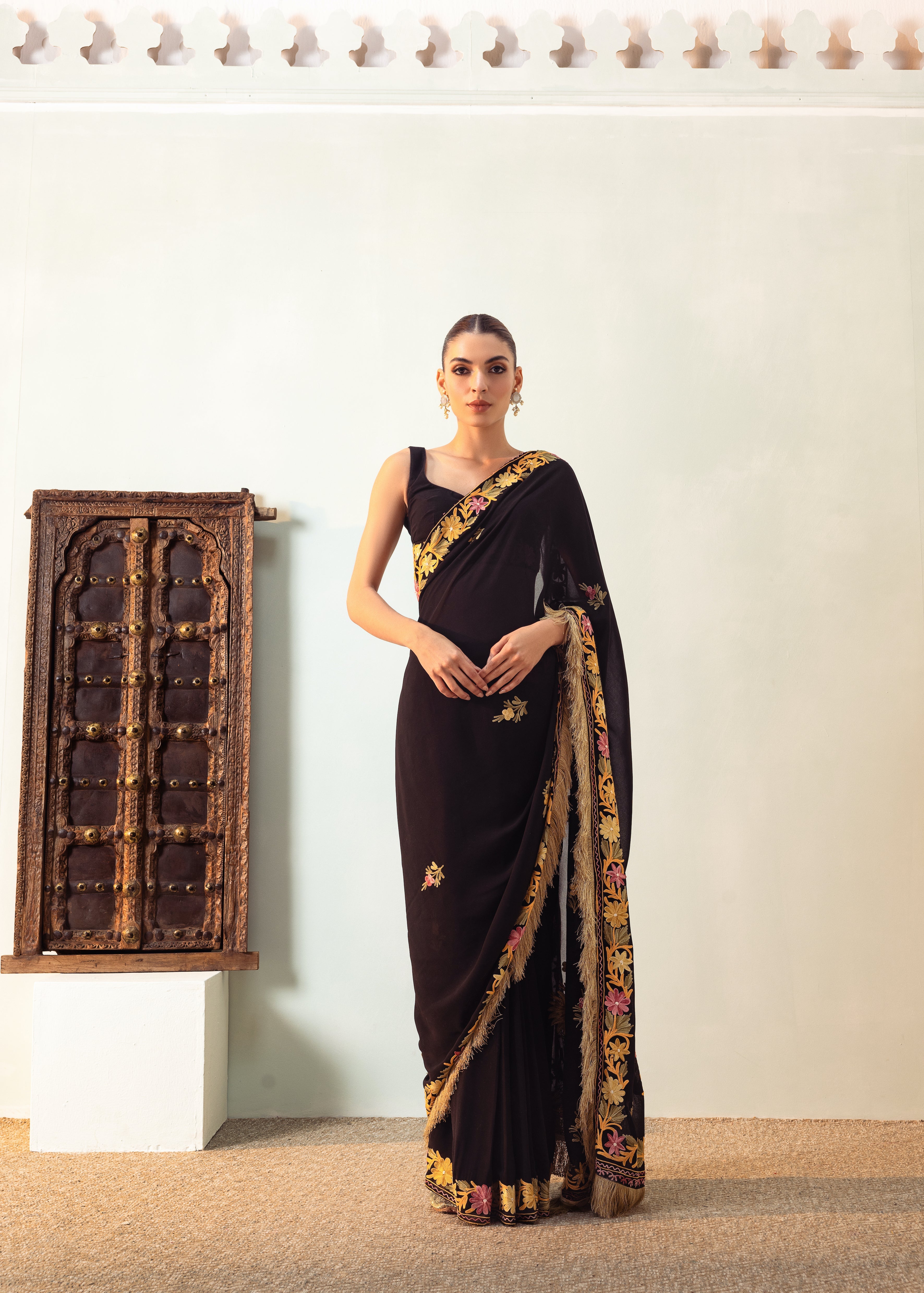 Gul Black Chiffon Draped Saree