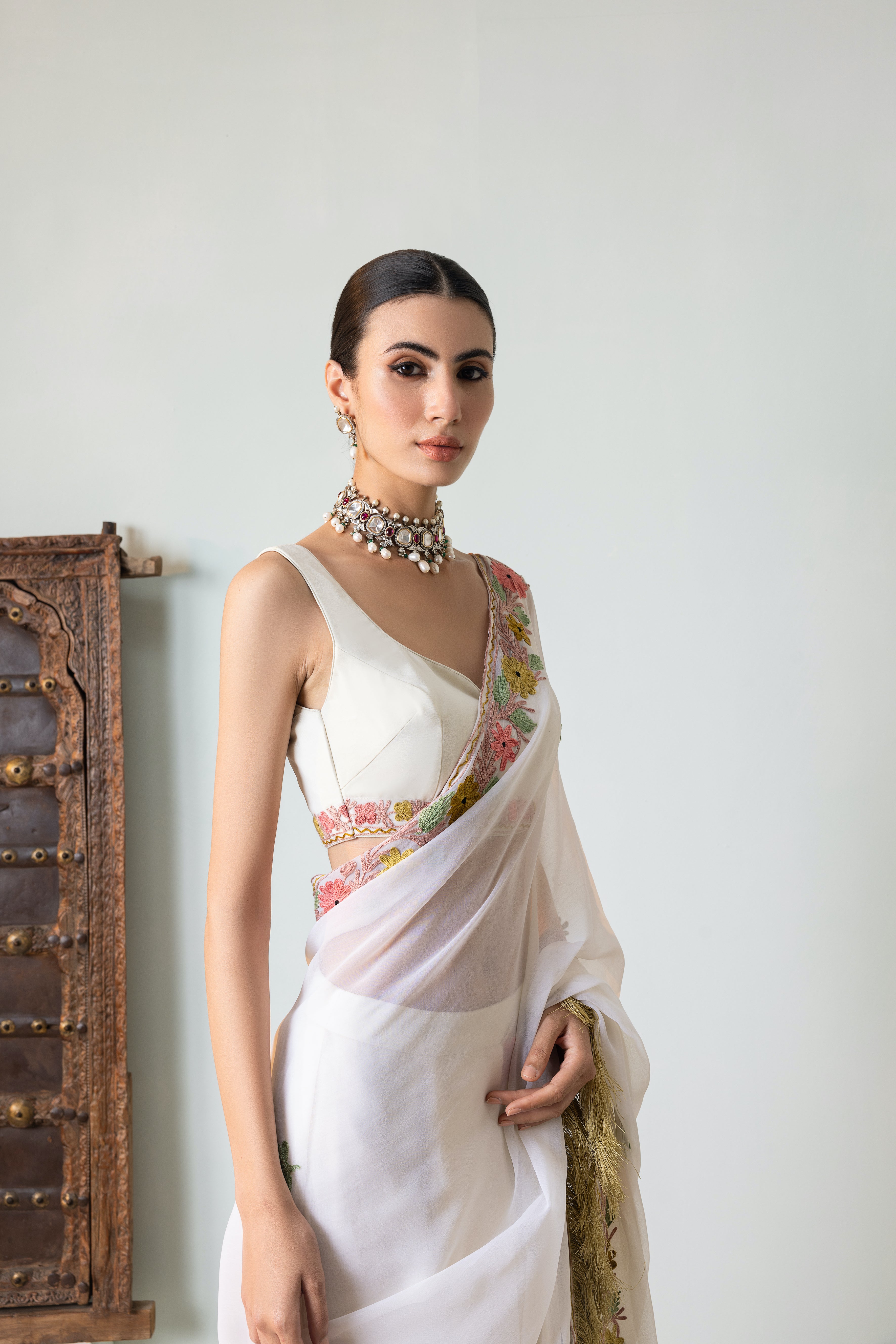 Gul Ivory Chiffon Draped Saree