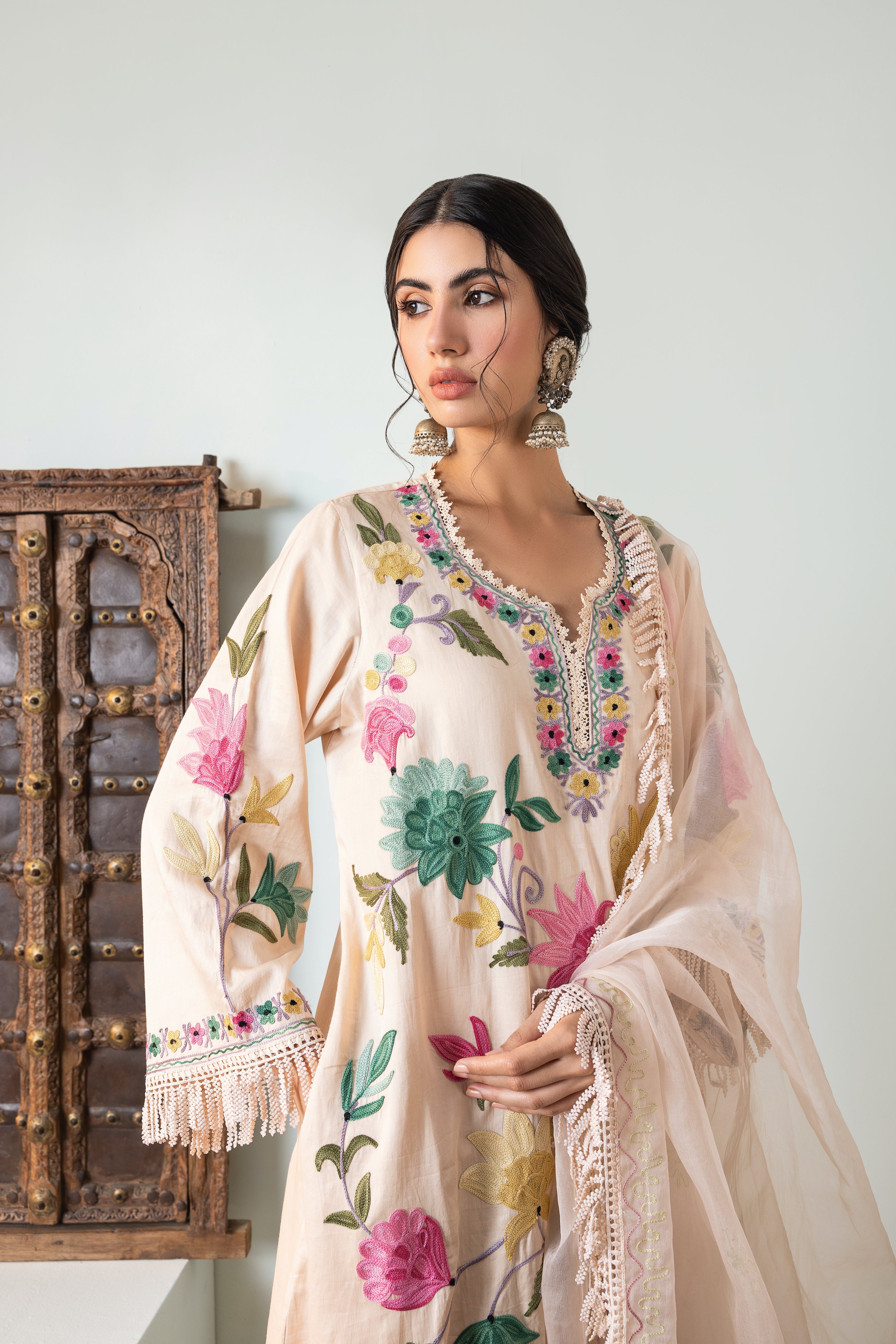 Nude Gulkari Cotton Pheran Set