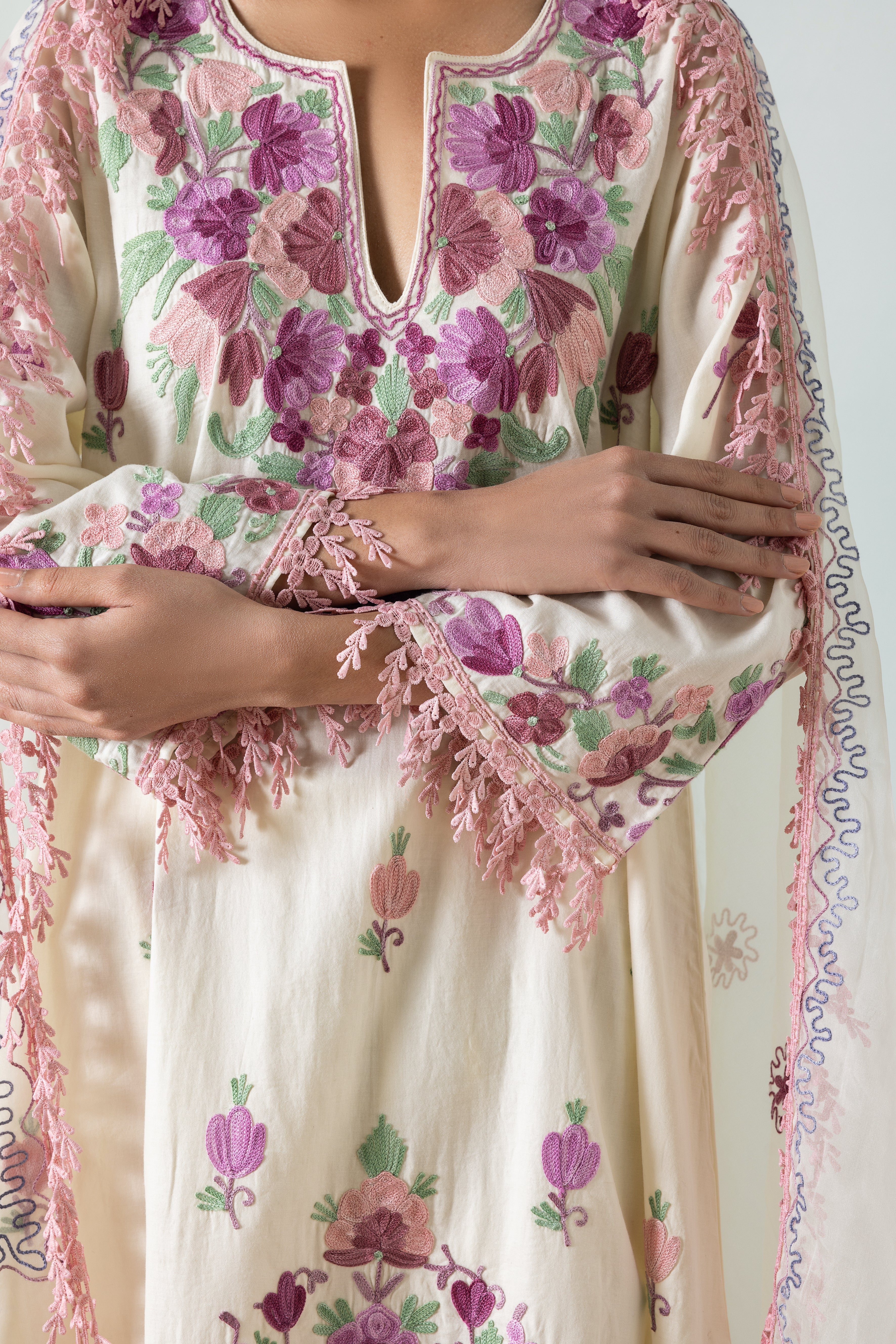 Cream Shades of Pink Cotton Pheran Set