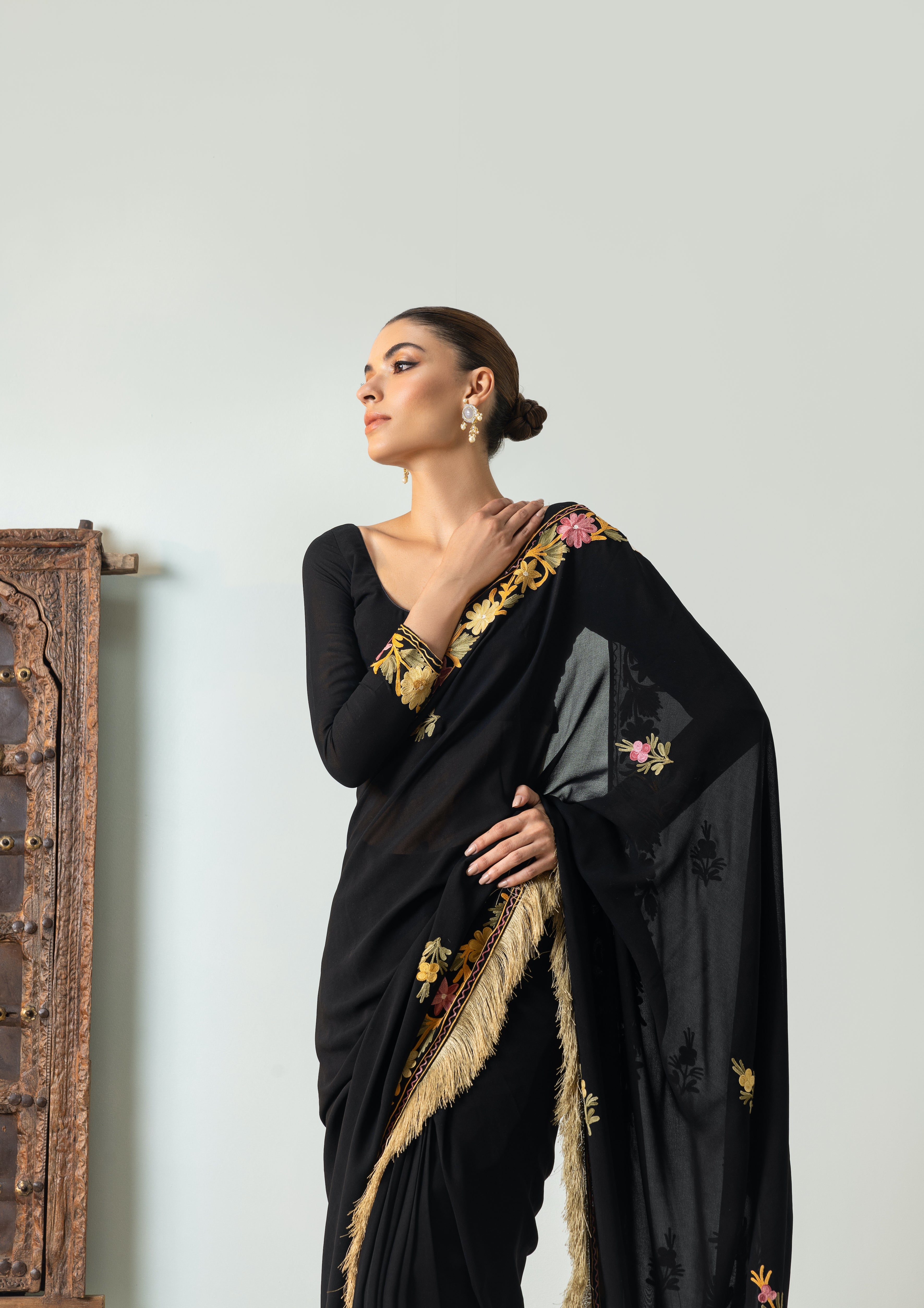 Gul Black Chiffon Draped Saree